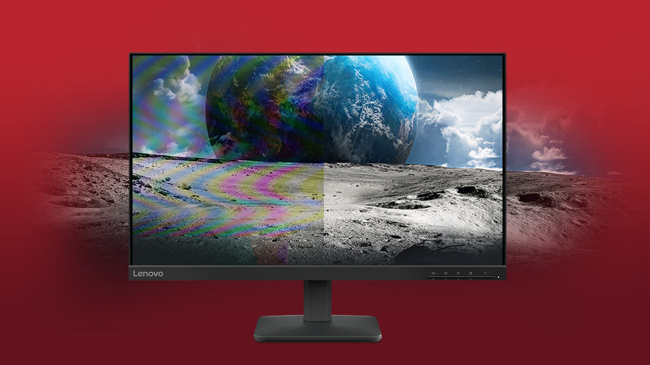 Monitor Lenovo L24-4e, na ekranie tapeta z wizualizacją kosmicznej przestrzeni