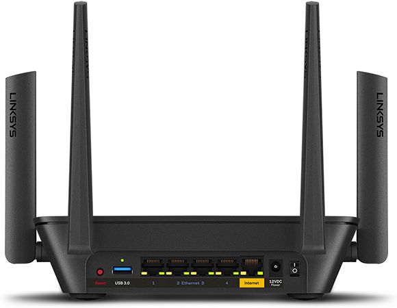 Equipped with four Gigabit Ethernet ports Back of the Linksys Max-Stream AC3000 MU-MIMO WiFi Tri-Band Router