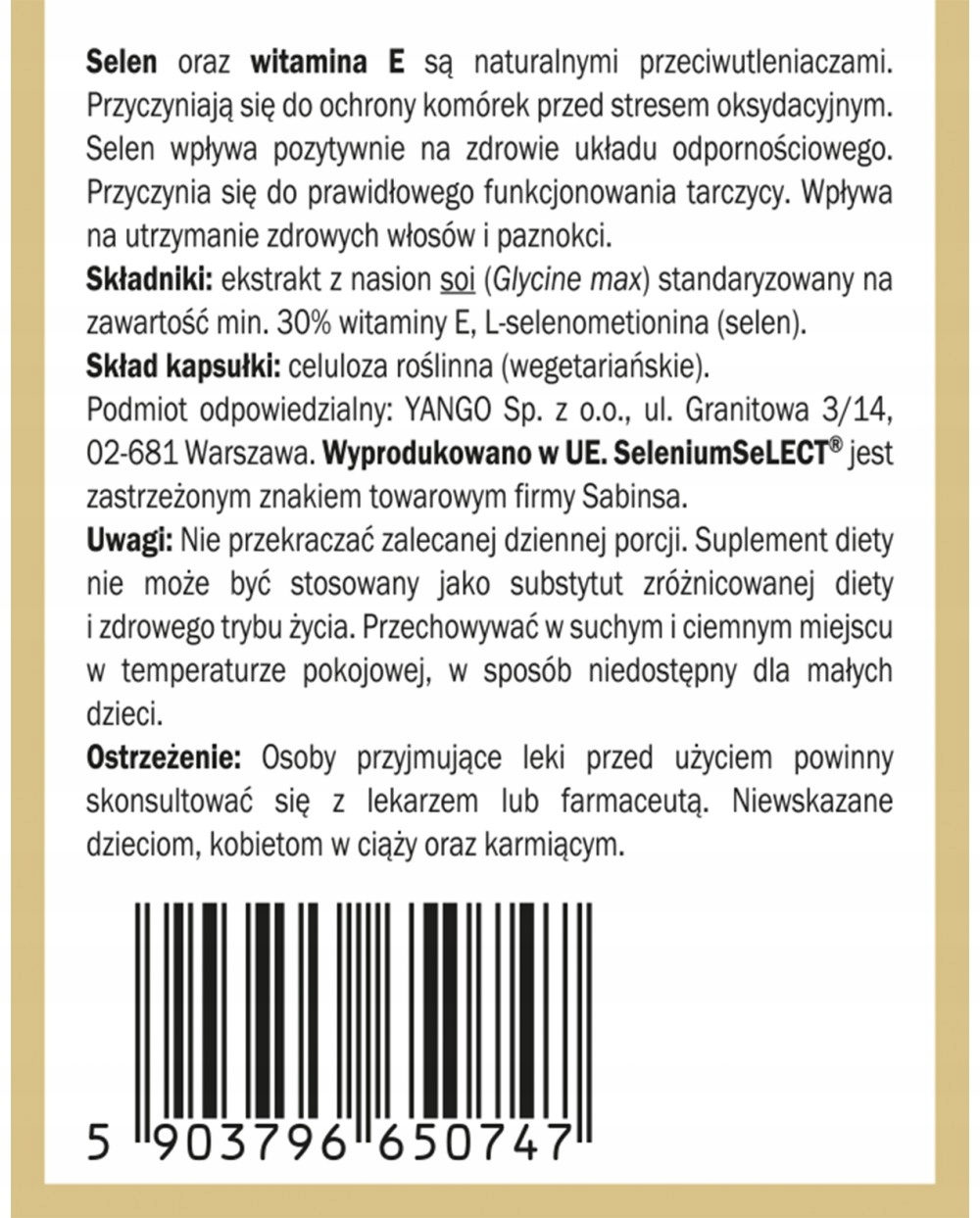 Skład i specyfikacja techniczna YANGO Selen + Witamina E
