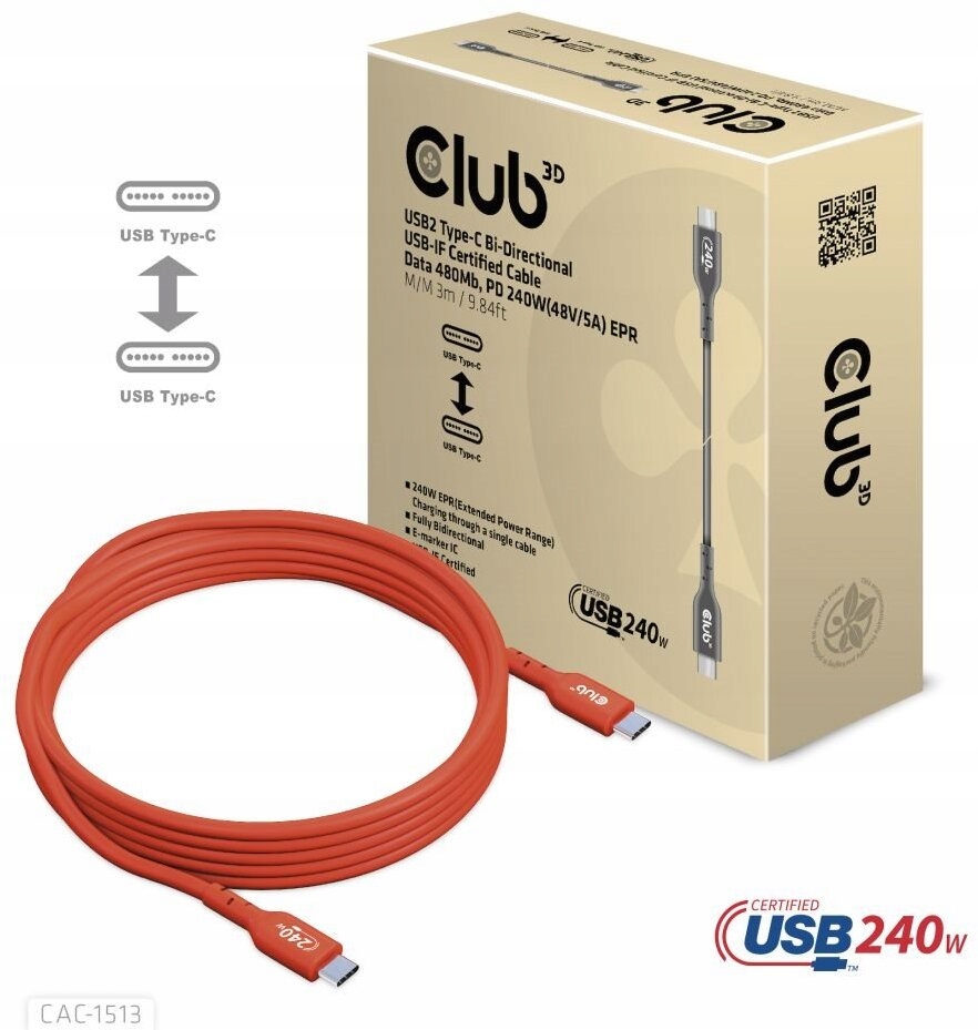 CLUB3D CAC-1513 – Kabel USB-C 3 m w kolorze pomarańczowym