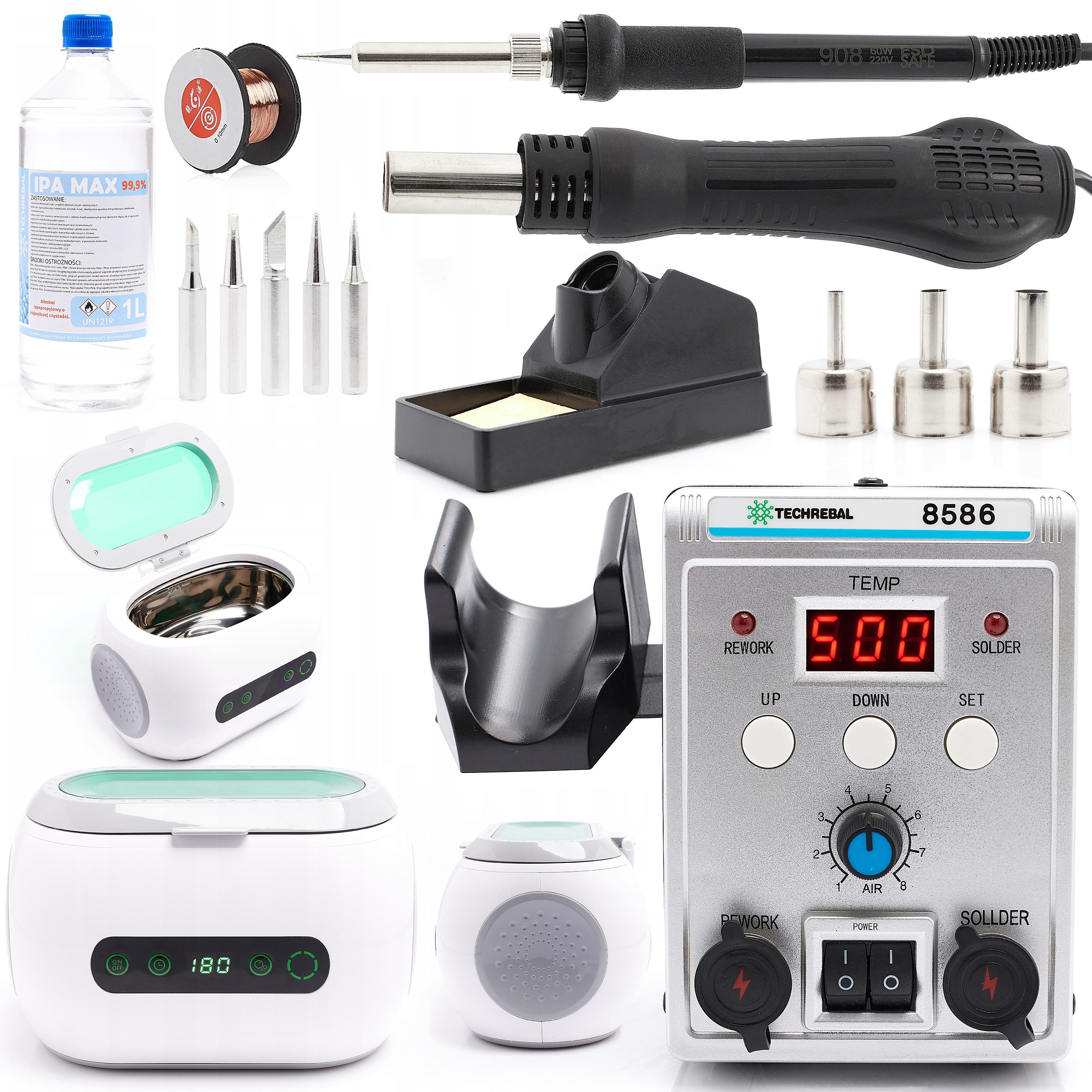 Zestaw Stacja Lutownicza 2w1 Techrebal 8586 – Profesjonalne narzędzie do lutowania i czyszczenia
