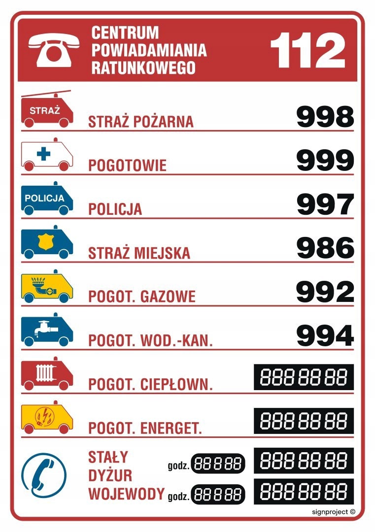 Informacyjna tabliczka telefonów alarmowych
