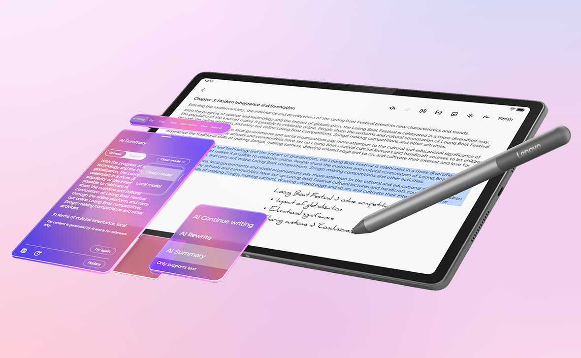 Na ekranie tabletu Idea Tab Plus włączona aplikacja Lenovo Notepad, obok rysik