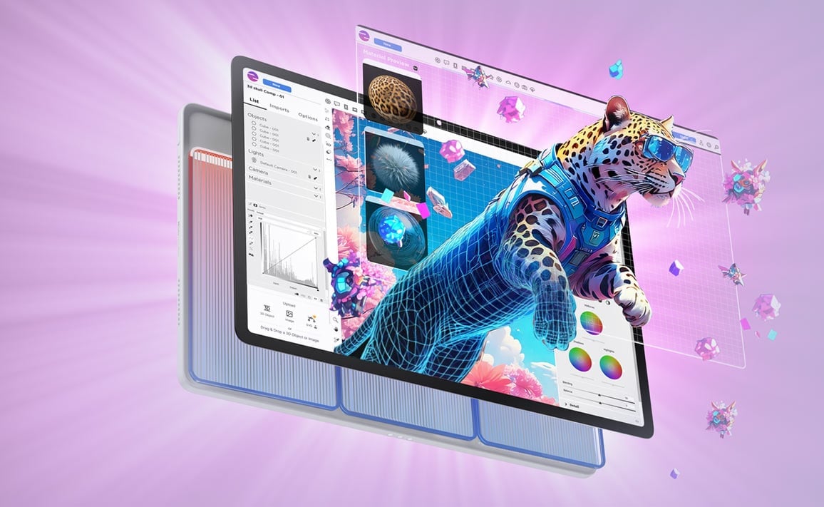 Tablet Yoga Tab, na ekranie otwarta aplikacja do edycji obrazów i rysunkowa postać biegnącego tygrysa 