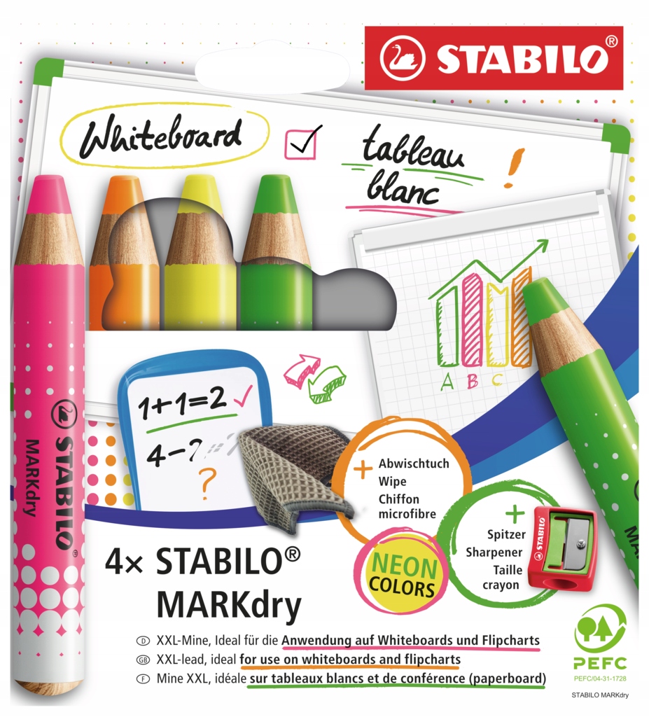 Kredki do tablic suchościeralnych STABILO MARKdry – Zestaw 4 neonowych kolorów