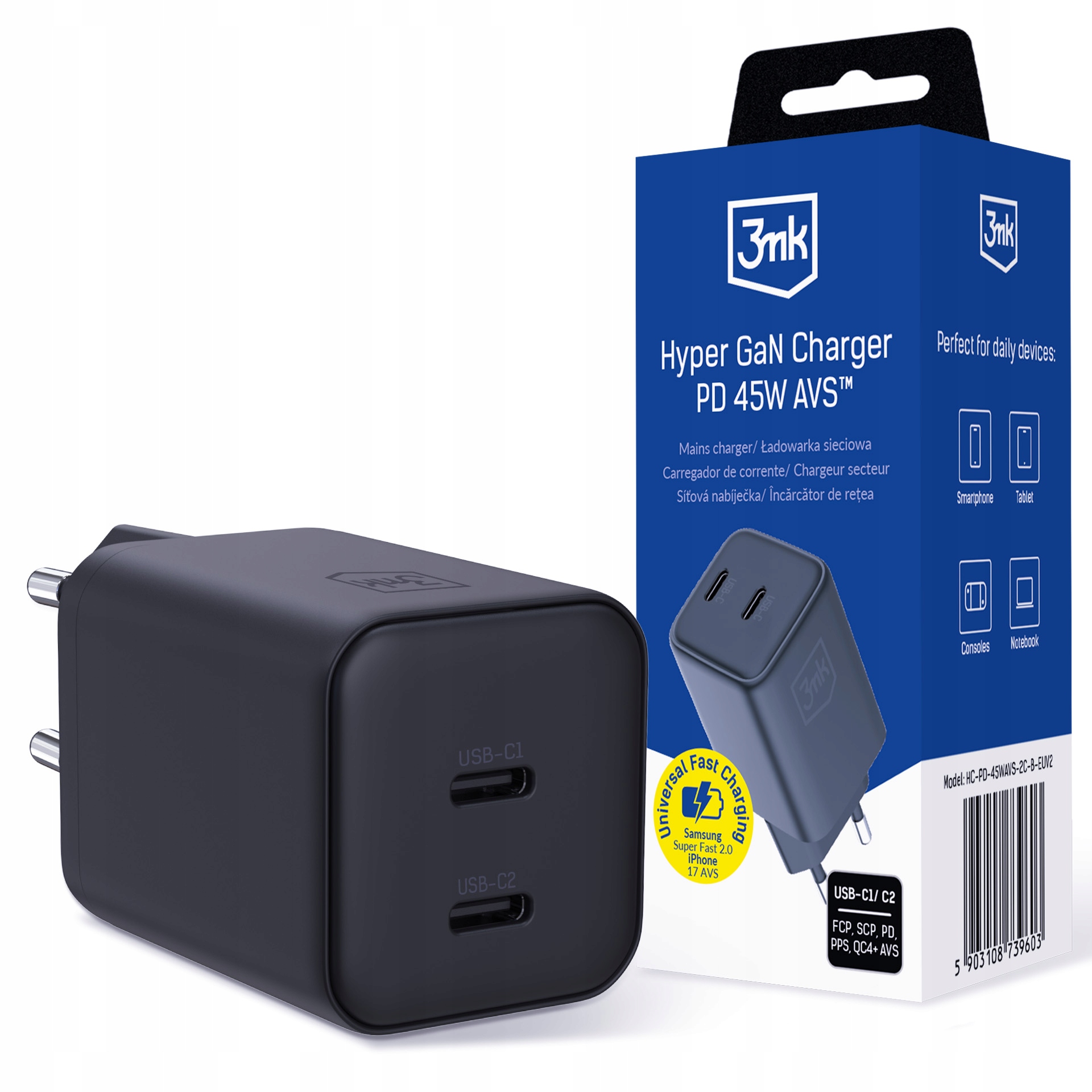 3mk Hyper Charger PD 45W GaN AVS QC4+ PPS AFC FCP DCP 2C Black – Szybkie ładowanie dla Twoich urządzeń