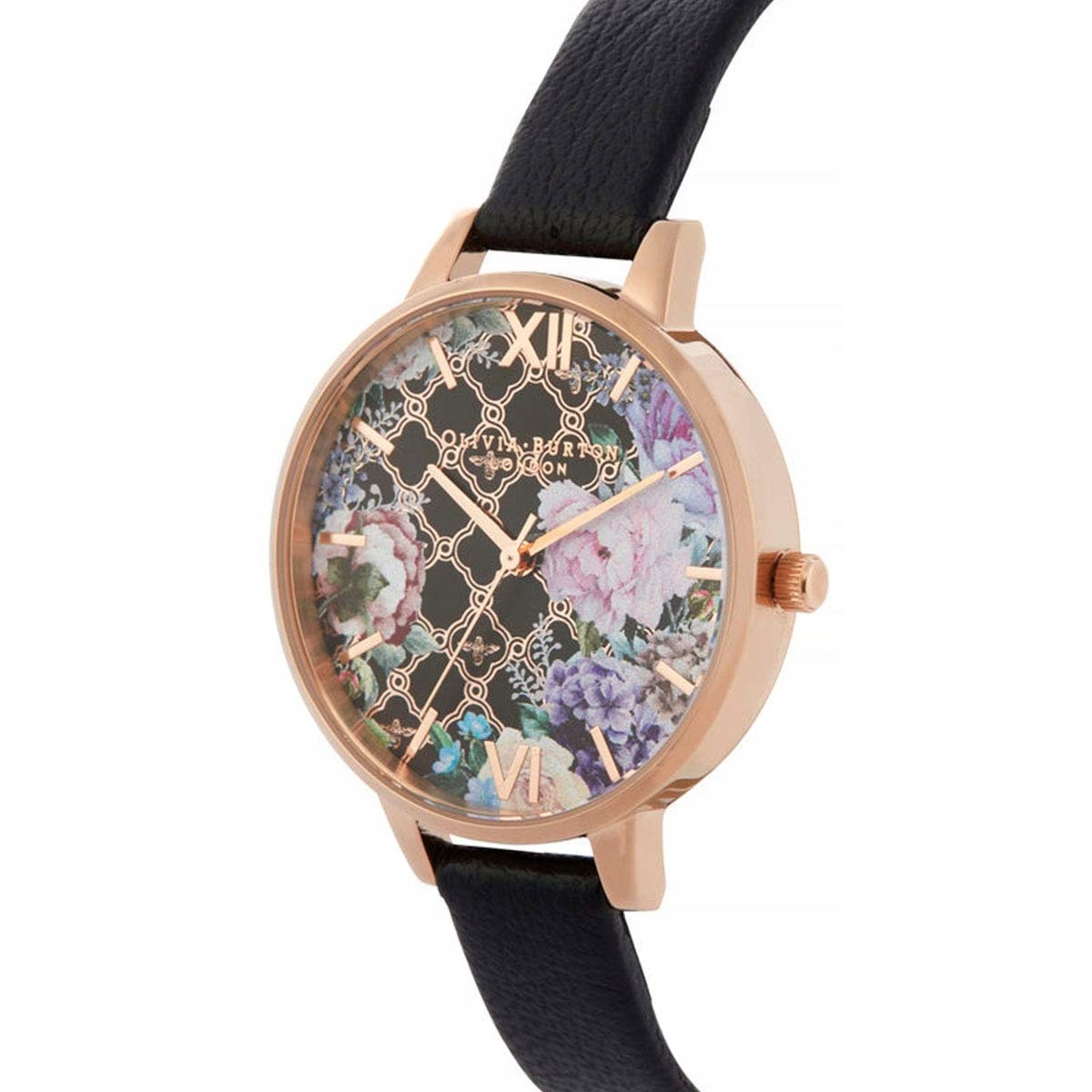 Stylowy design z czarnym cyferblatem i złotymi akcentami