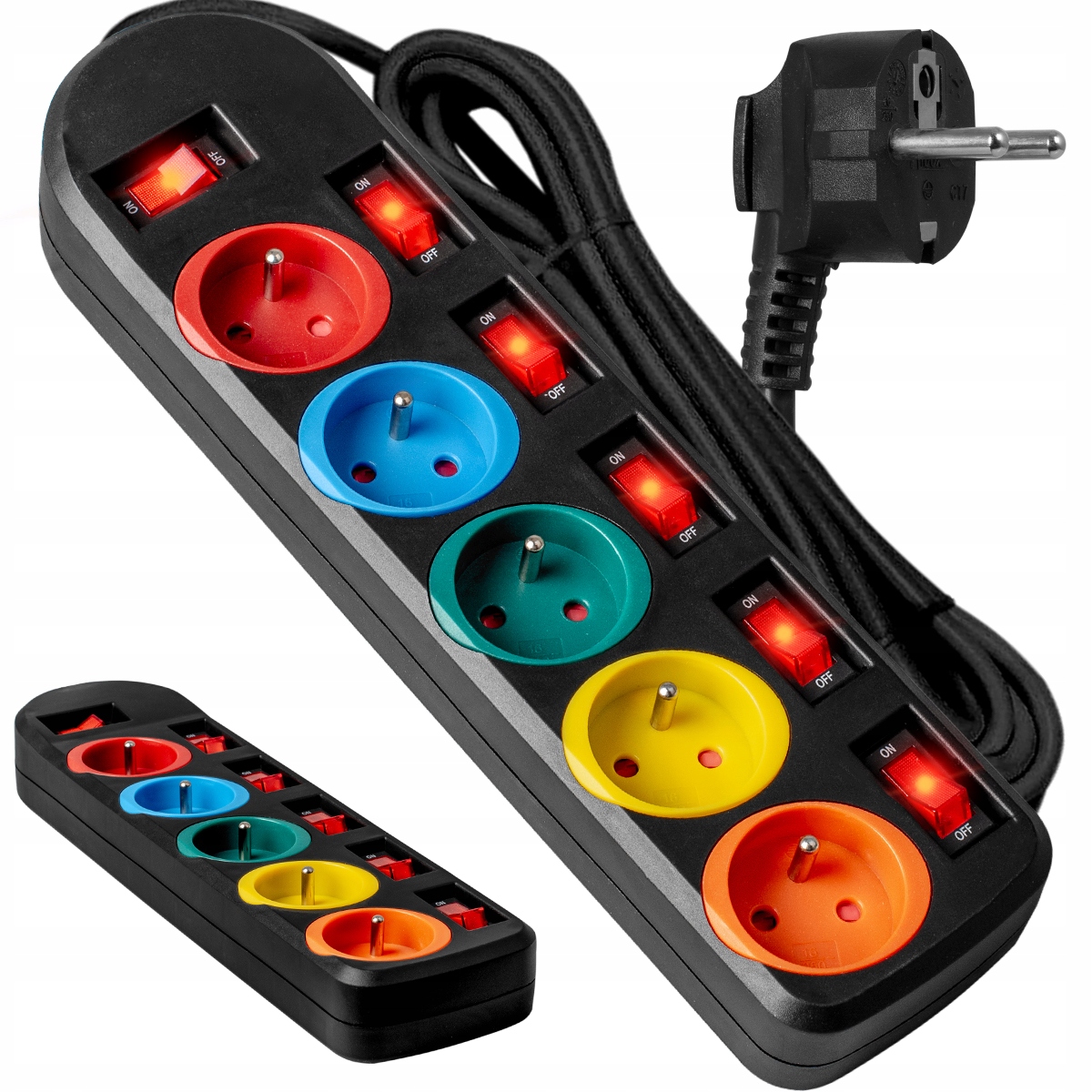 Przedłużacz 2M 5GN+0 10A czarny / kolorowe gniazda VA0259 Vayox – Wygodne zasilanie dla Twoich urządzeń