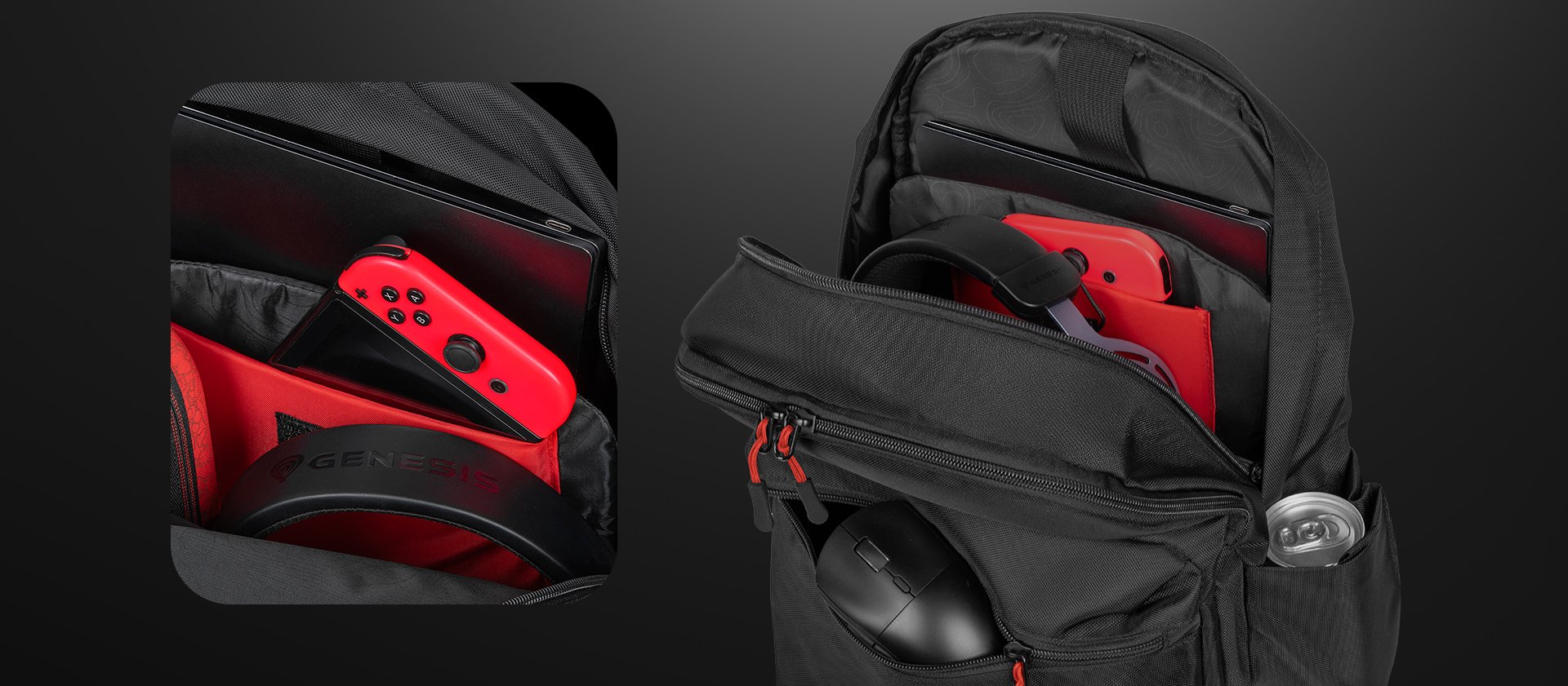 Czarny plecak Genesis Pallad 200 o pojemności 19 litrów z wewnętrznymi przegrodami na zestaw słuchawkowy i kontrolery do gier.