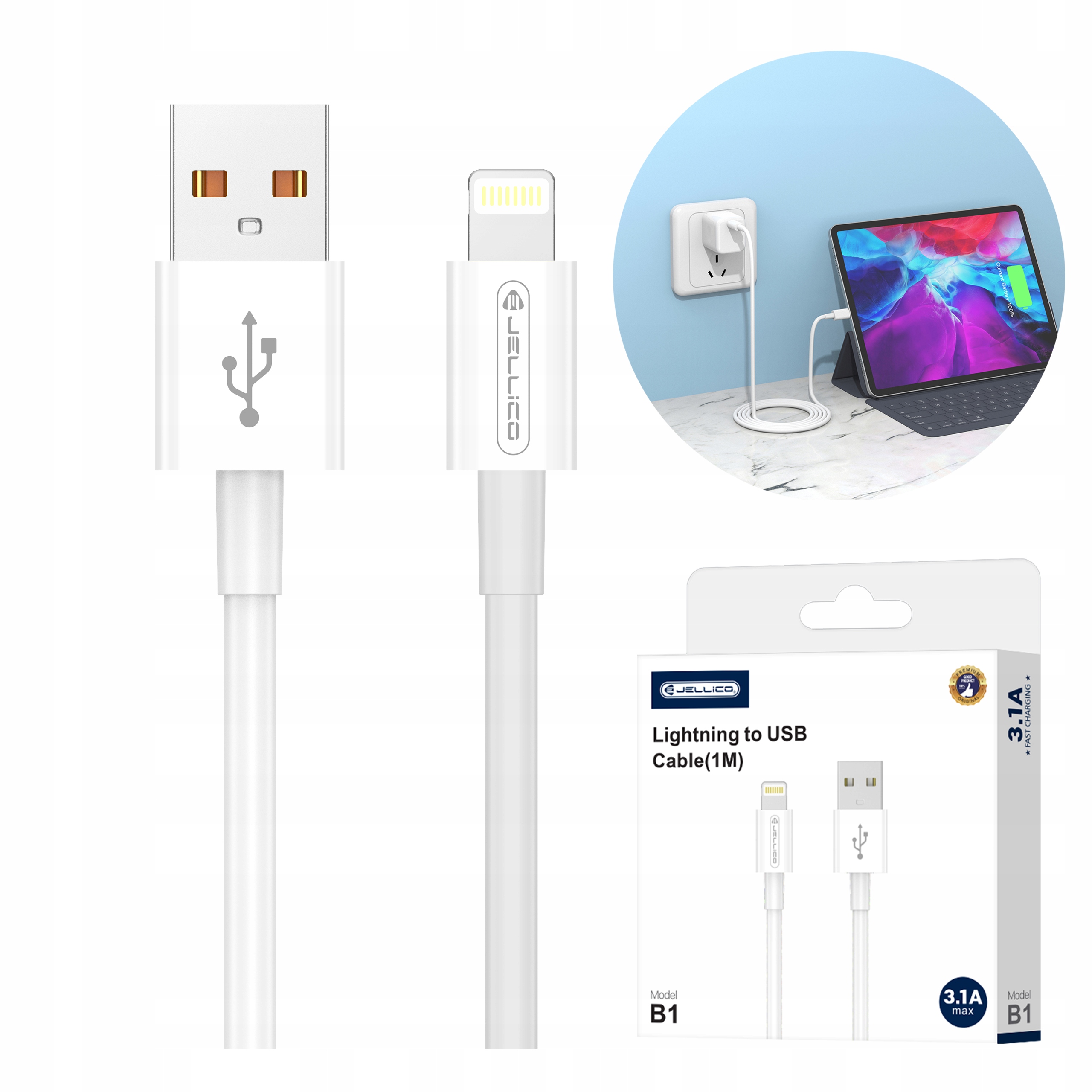 Kabel USB Jellico JELLICO B1 Lightning 3.1A 1M Biały – Wydajność i wygoda w jednym