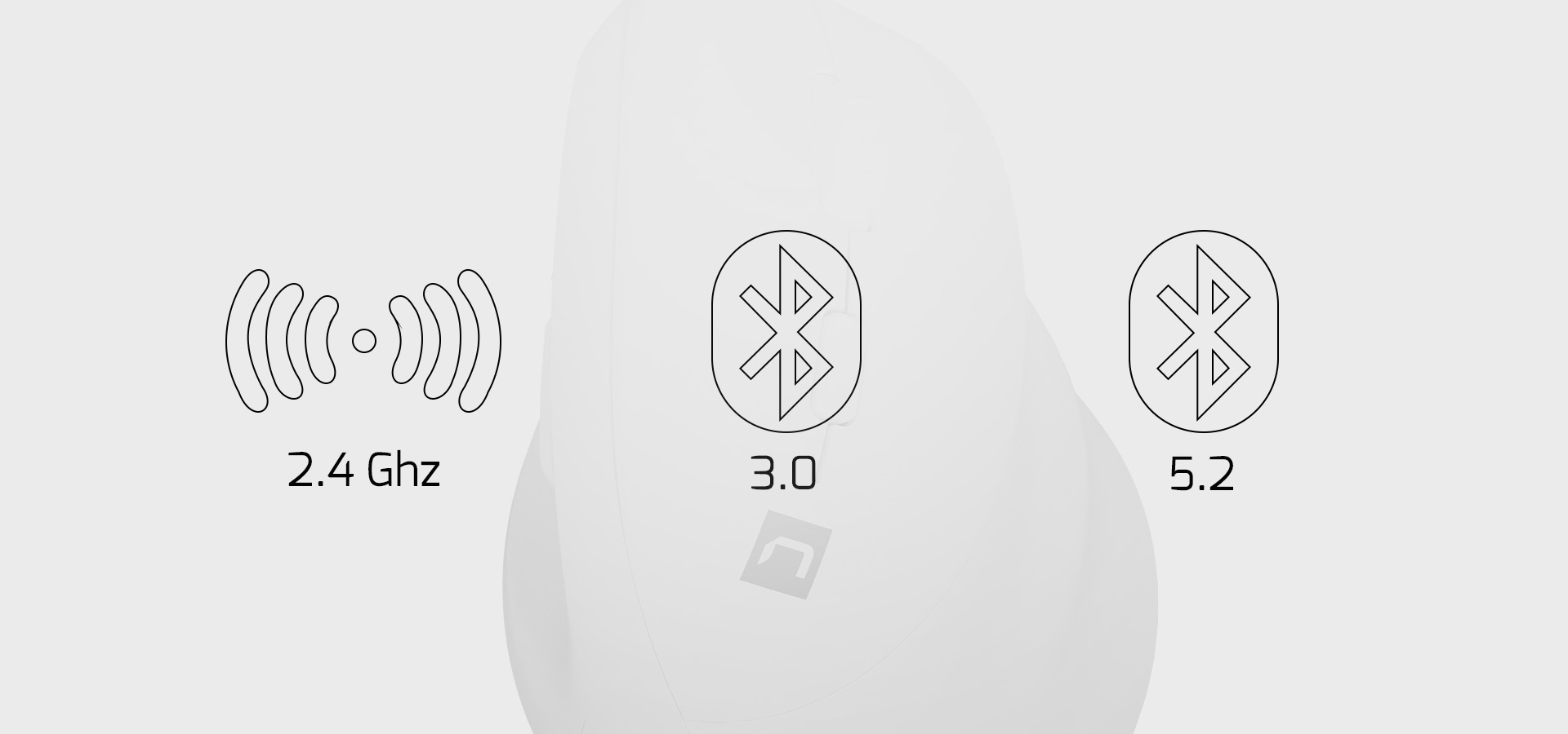 Ikony pionowej myszy bezprzewodowej wskazujące opcje łączności 2,4 GHz (Gigaherce), Bluetooth 3.0 i Bluetooth 5.2