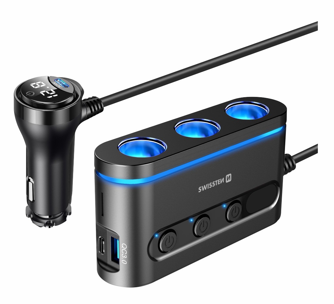 Swissten Zasilacz Samochodowy 2x USB-C PD / 1x USB-A QA 3.0 – Wydajne ładowanie w podróży