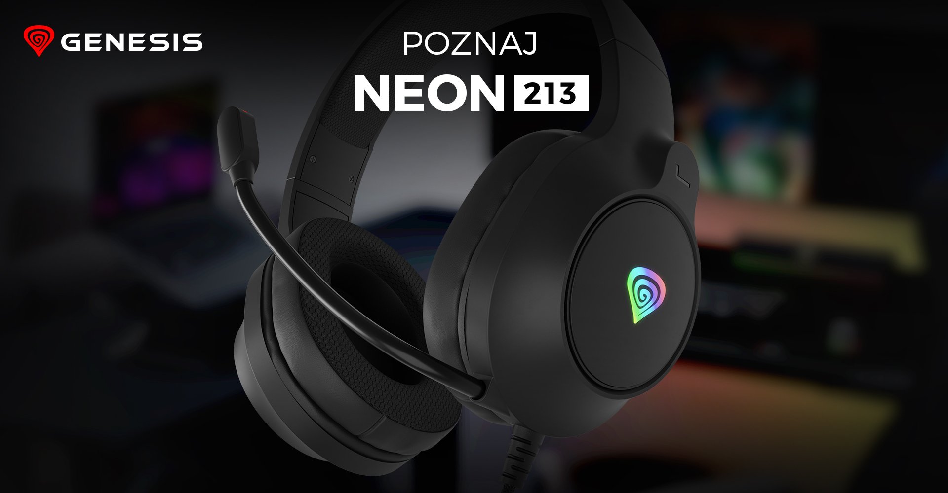 Czarne słuchawki nauszne Genesis Neon 213 RGB z mikrofonem i kolorowym podświetleniem LED