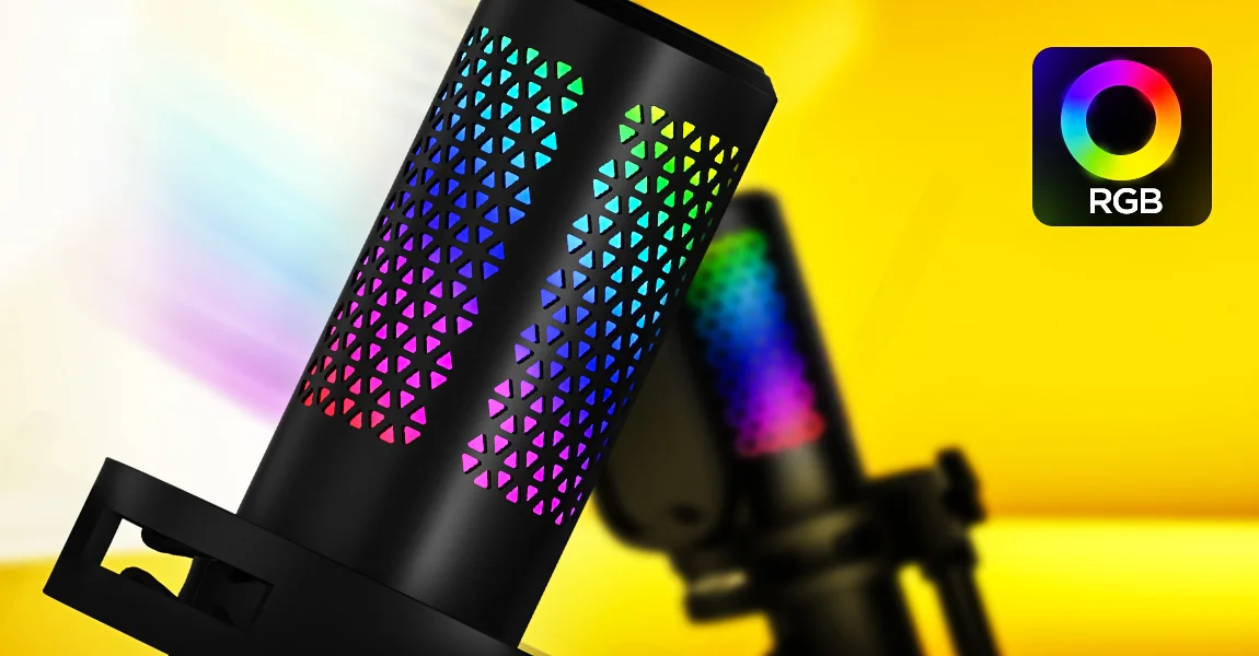 Czarny mikrofon z perforowaną obudową i intensywnym podświetleniem RGB, kolorowe efekty świetlne na żółtym tle