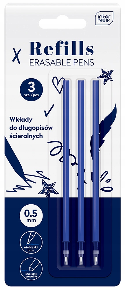 Wkład do długopisu ścieralnego Interdruk – Zestaw 3 sztuki w kolorze niebieskim