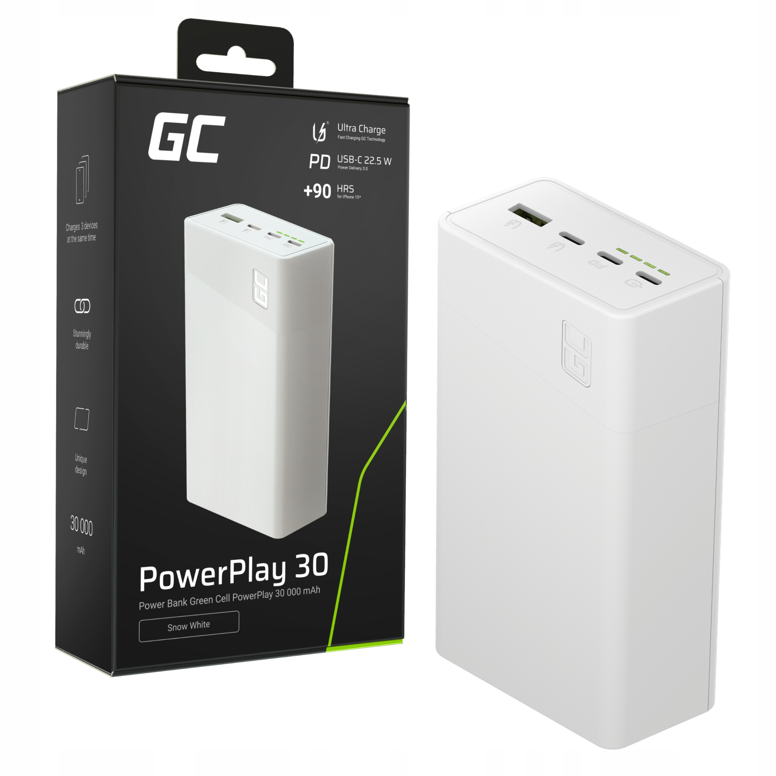 Greencell PowerPlay 30 – Biały powerbank 30 000mAh z szybkim ładowaniem