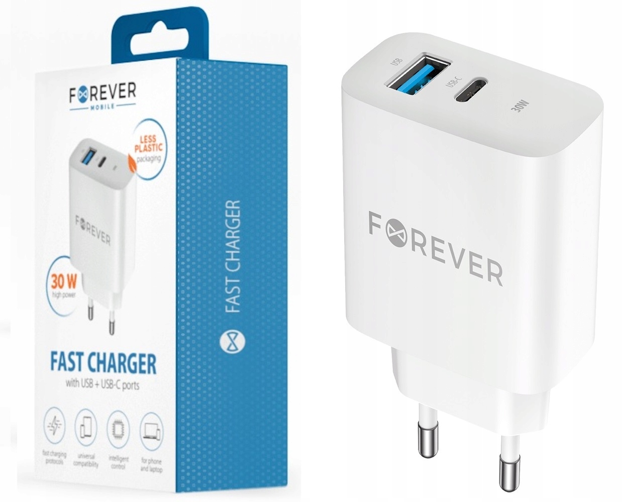 Forever ładowarka sieciowa PD QC TC-07-30AC 1x USB-C 1x USB 30W – Szybkie ładowanie dla Twoich urządzeń