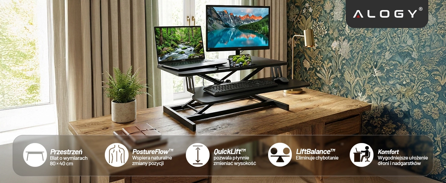 Biurko podstawka Alogy LiftDesk™ – Ergonomiczne rozwiązanie do pracy siedzącej i stojącej