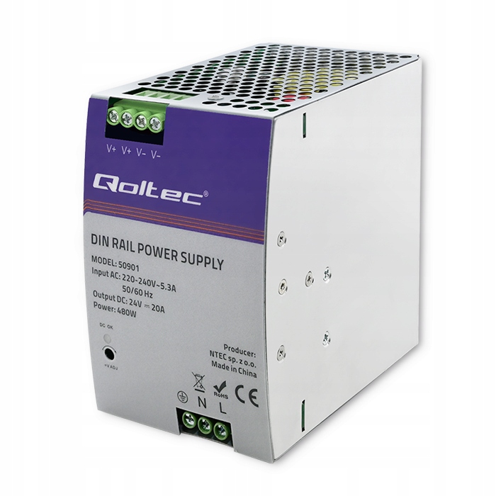 Qoltec Przemysłowy zasilacz na szynę DIN 480W 24V – Niezawodne zasilanie dla Twoich systemów