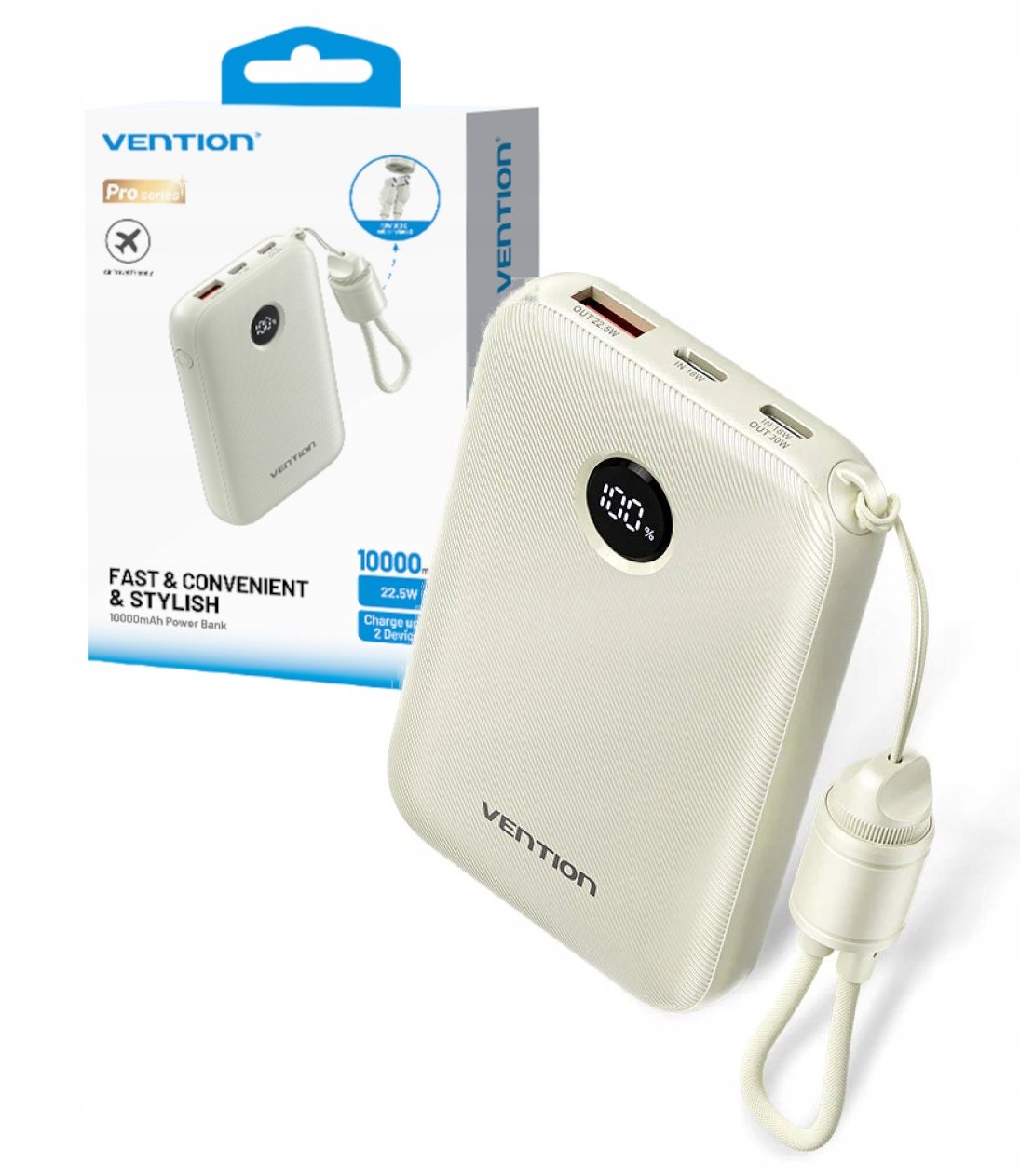 Powerbank Vention 10000mAh 2 x USB-C 1x USB-A z wyświetlaczem 22,5W beżowy – Niezawodne zasilanie w podróży