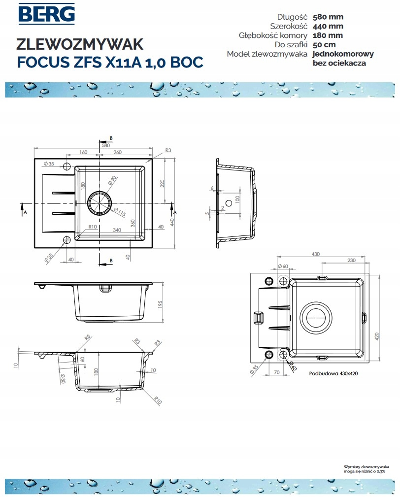 Wymiary i głębokość komory zlewozmywaka