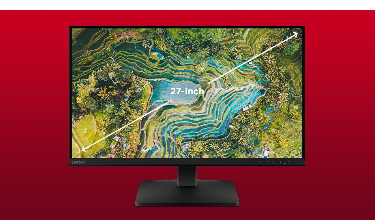 27-calowy monitor Lenovo L27qe z kolorową tapetą na ekranie z egzotycznym krajobrazem