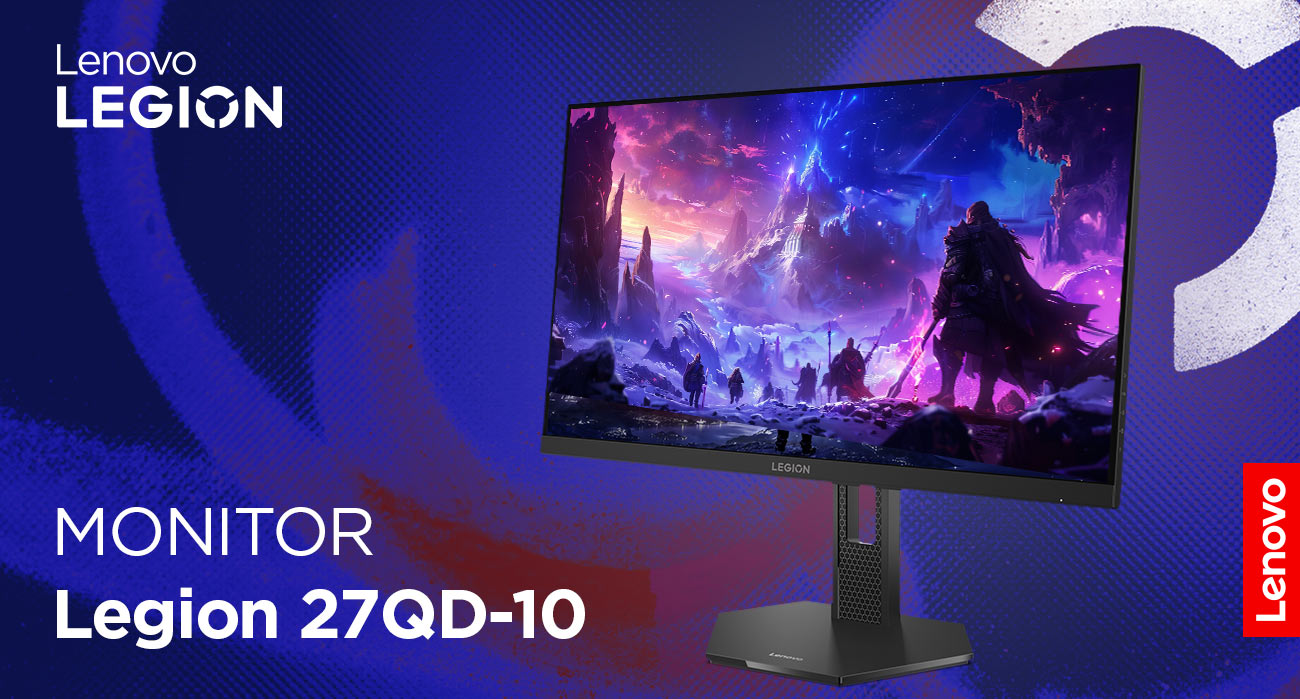 Monitor Lenovo Legion 27QD-10 z wizualizacją gry komputerowej na ekranie