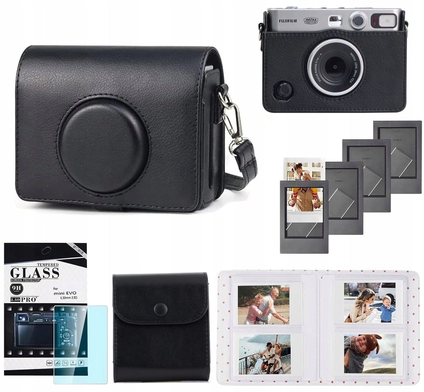 Zestaw 5w1 Futerał + Szkło + Album 64x + Etui Zdjęcia + Ramki do Fuji Instax Mini Evo – Ochrona i Styl w Jednym