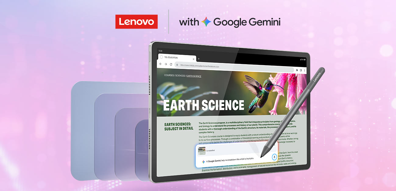 Ekran tabletu Idea Tab Plus na którym wyświetla się artykuł, na dole otwarte okno aplikacji Google Gemini