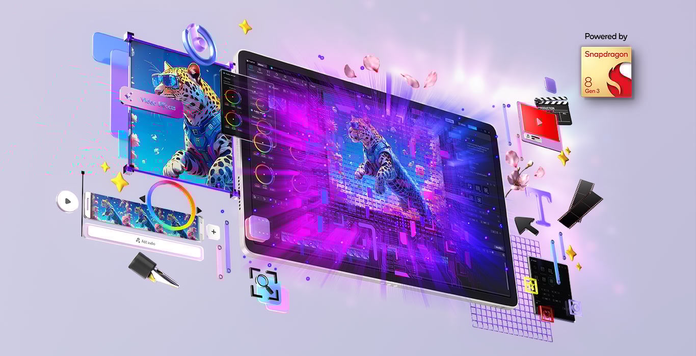 Tablet Yoga Tab z kolorową tapetą na ekranie, dookoła ikony różnych programów, aplikacji i funkcji