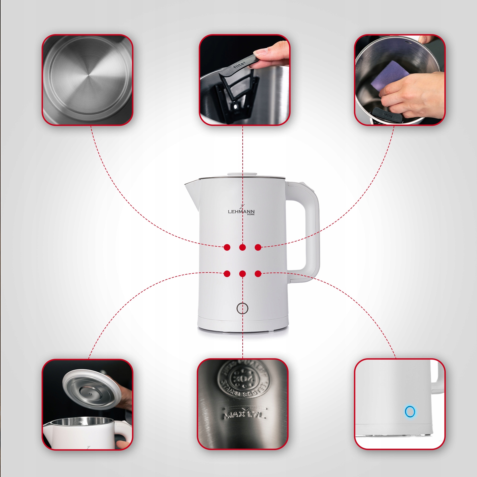 CZAJNIK ELEKTRYCZNY BEZPRZEWODOWY STALOWE WNĘTRZE 2200W BIAŁY DUŻY 1,7L NEW Wysokość produktu 25 cm