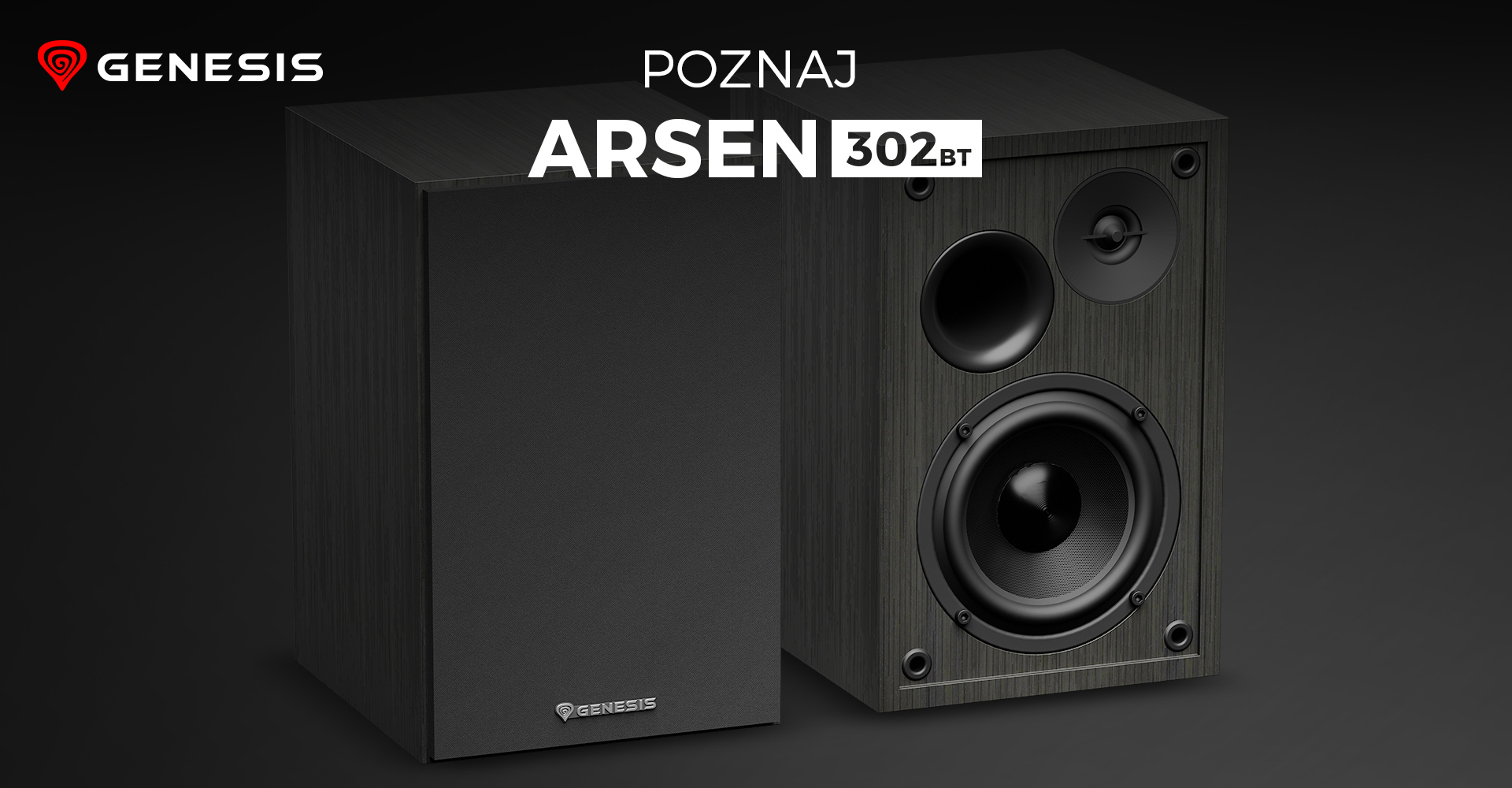 Czarne głośniki Genesis Arsen 302BT o stylowym wyglądzie z głośnikiem przednim z głośnikiem niskotonowym i wysokotonowym.