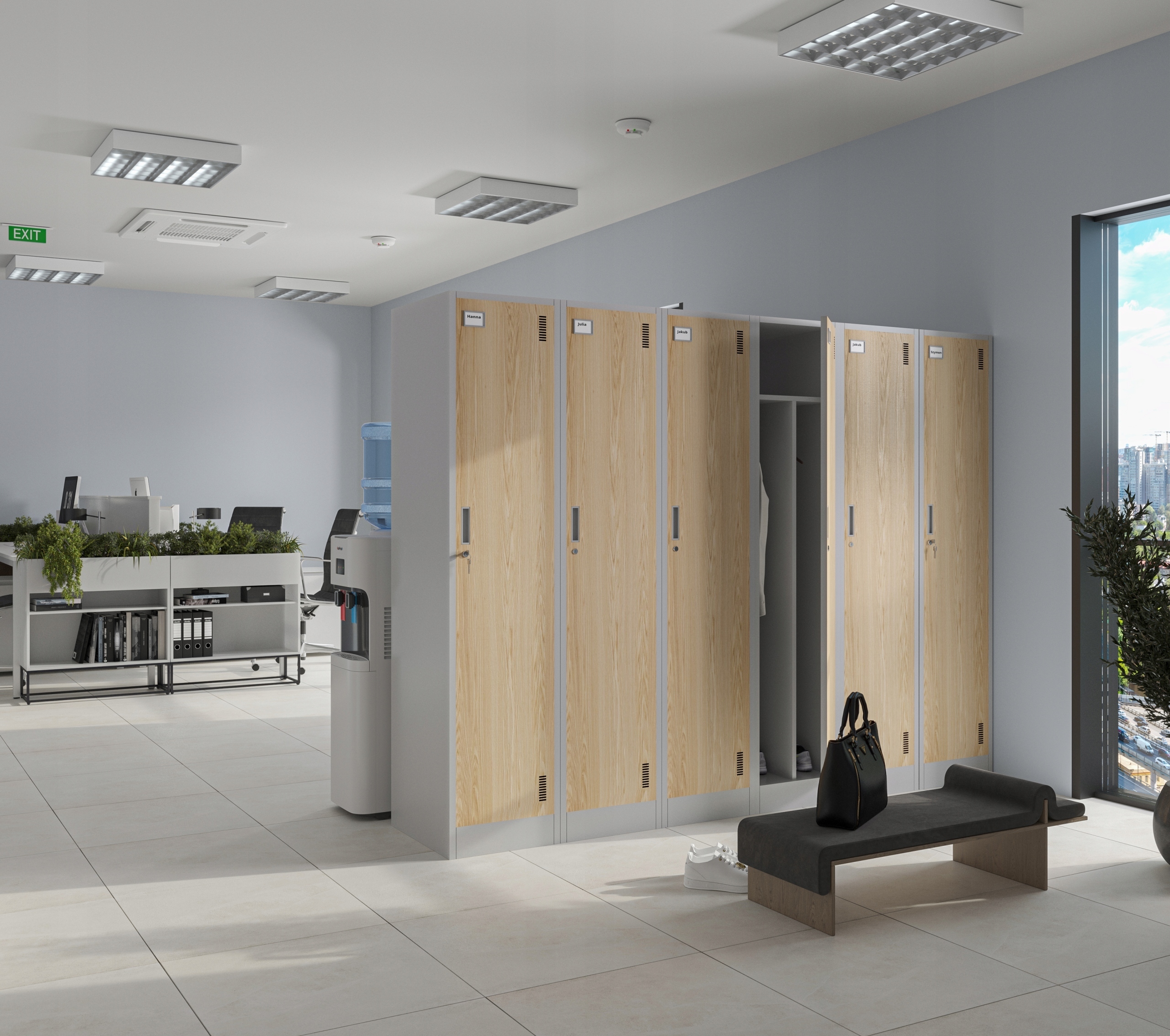 Szafka ubraniowa pracownicza czterokomorowa biała/dąb sonoma Kacper Eco* Design – Idealne rozwiązanie do biura i firmy