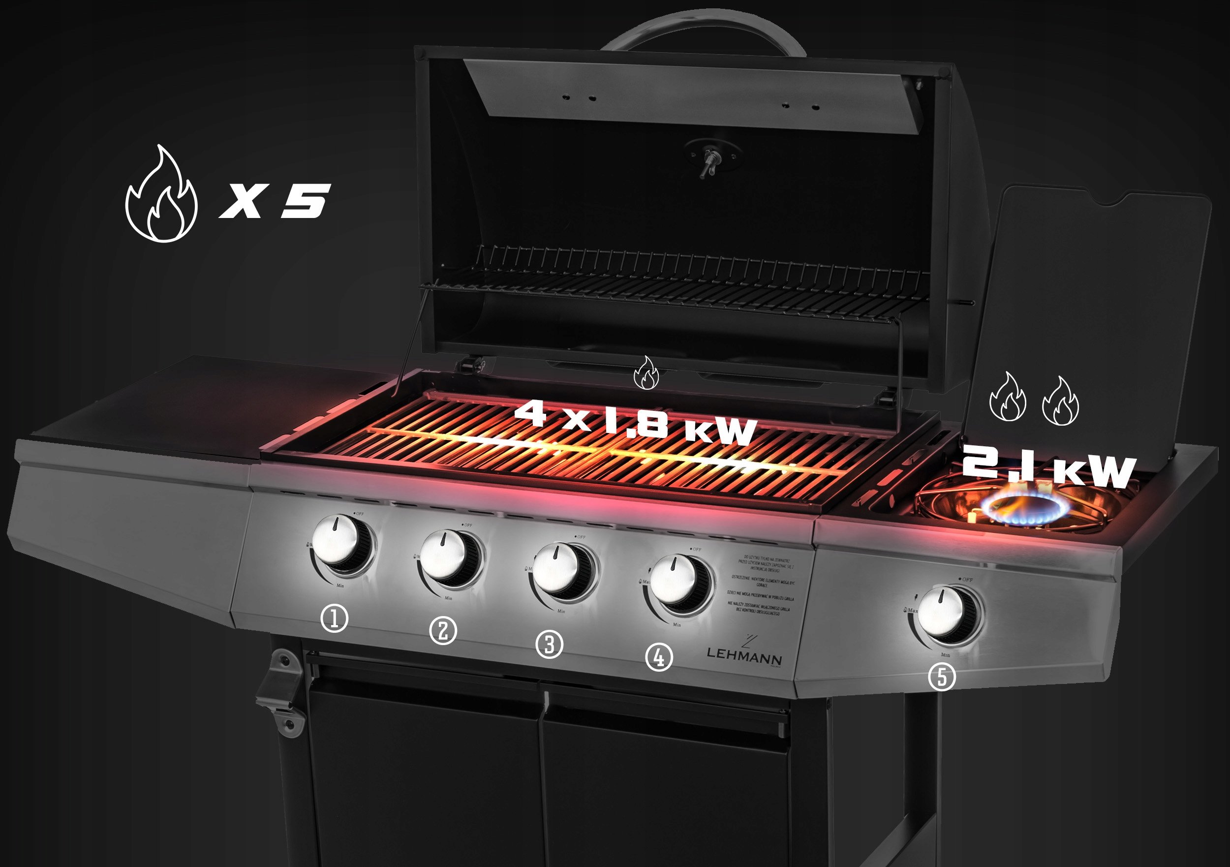 MOCNY GRILL GAZOWY LEHMANN OHIO 4+1 ŻELIWNY RUSZT Moc 9 kW