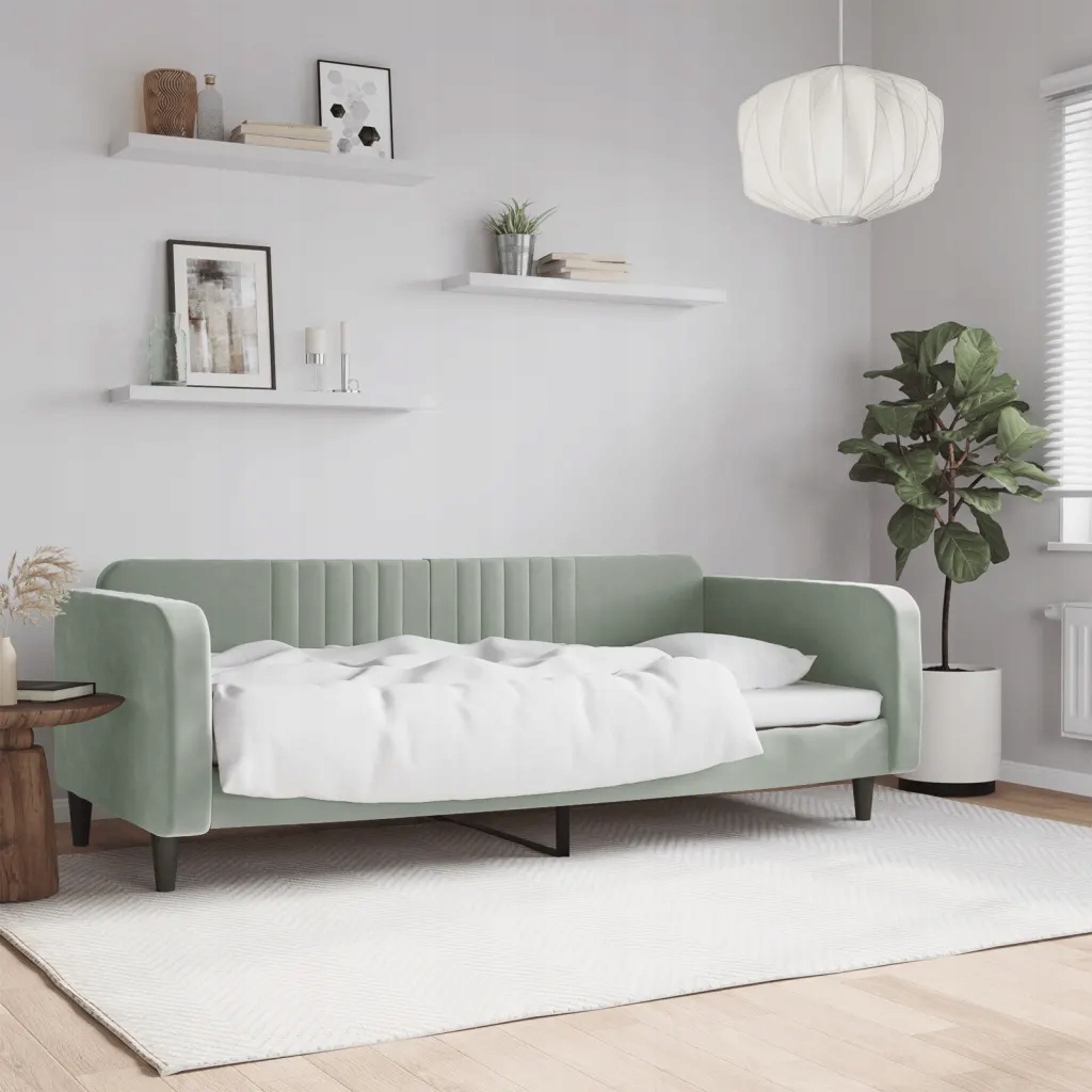 Sofa z funkcją spania – Jasnoszara, 90x200 cm, obita aksamitem