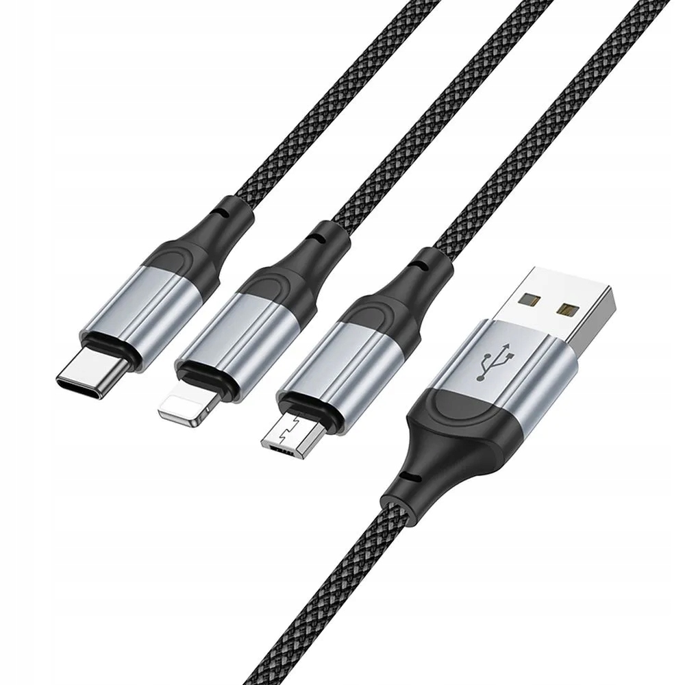 Trzy złącza w jednym kablu: USB-A, Lightning, Micro USB
