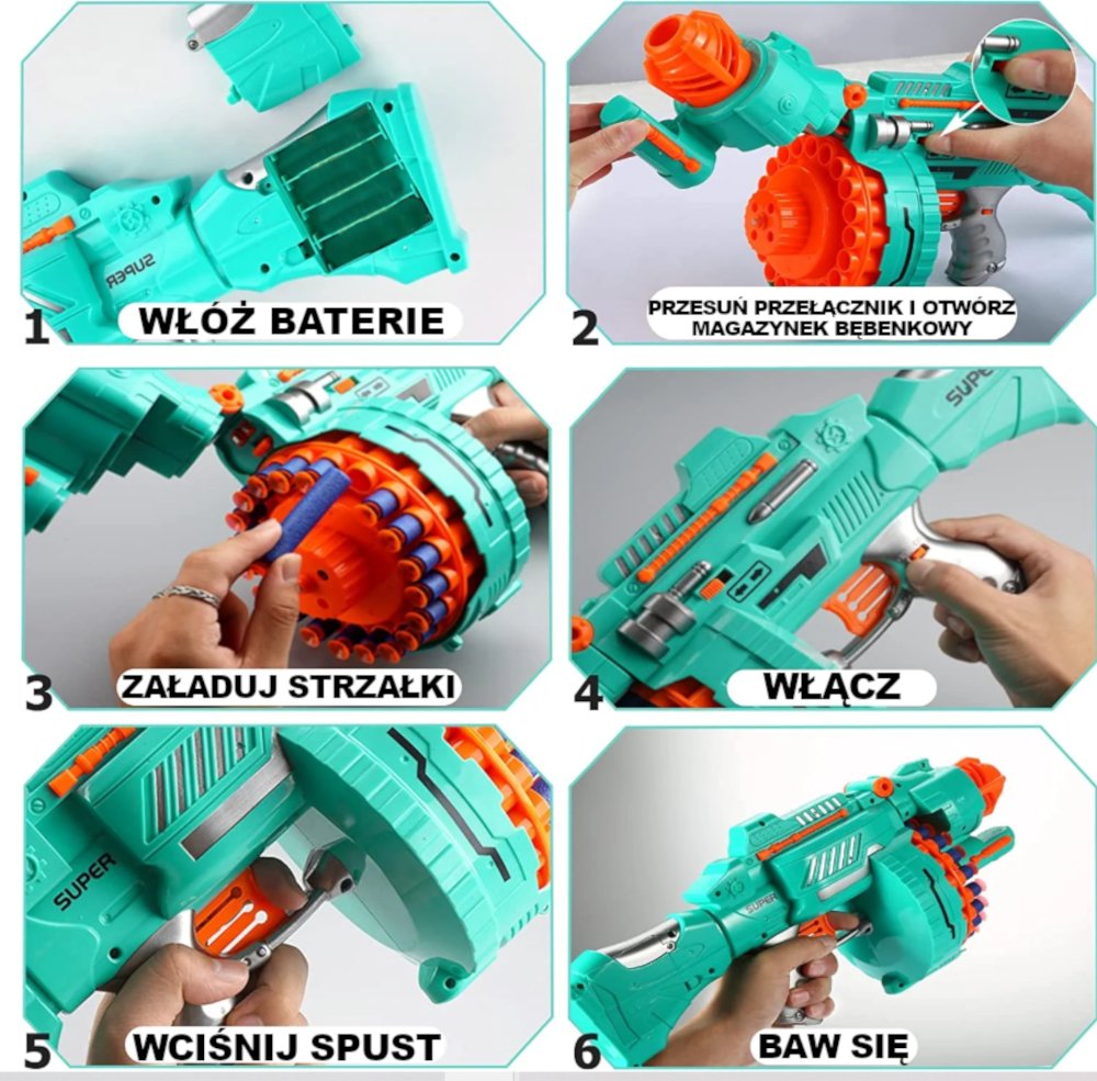 NERF Wyrzutnia Blaster Pistolet Karabin Elektryczny AUTOMATYCZNY Na Strzałki TOMDORIX