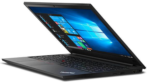 Lenovo ThinkPad E590 laptop angled right and open about 75 degrees.