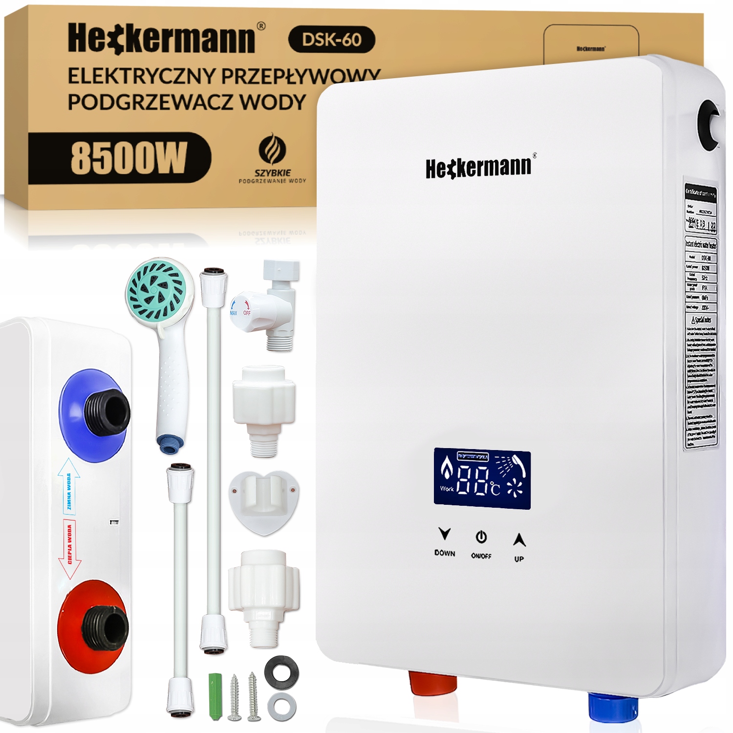 Przepływowy elektryczny podgrzewacz wody Heckermann DSK-60 8,5kW – Wydajność i nowoczesny design