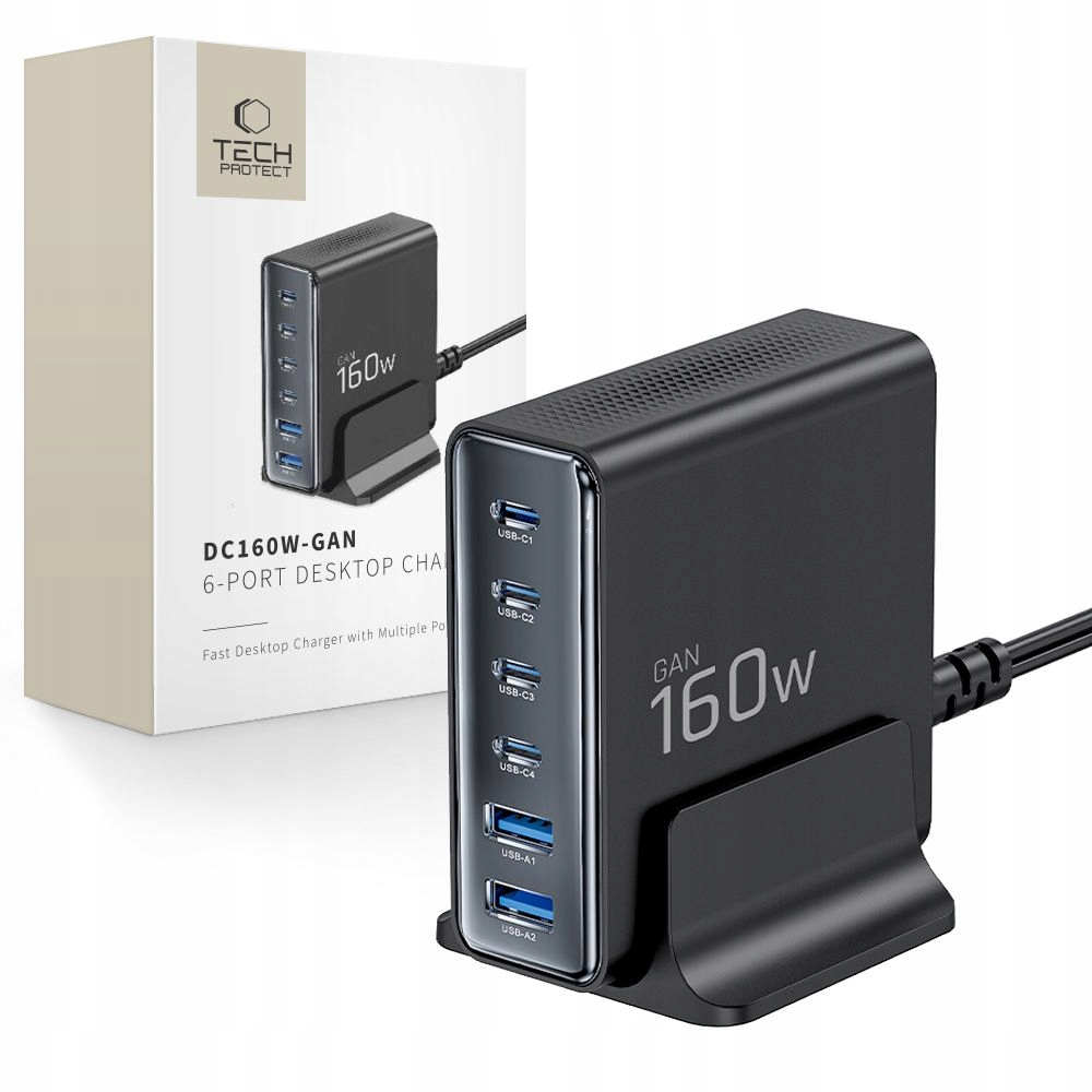 Ładowarka sieciowa Tech-Protect DC160W-GAN 6-port Desktop Charger PD 160W / QC3.0 – Twoje rozwiązanie do szybkiego ładowania