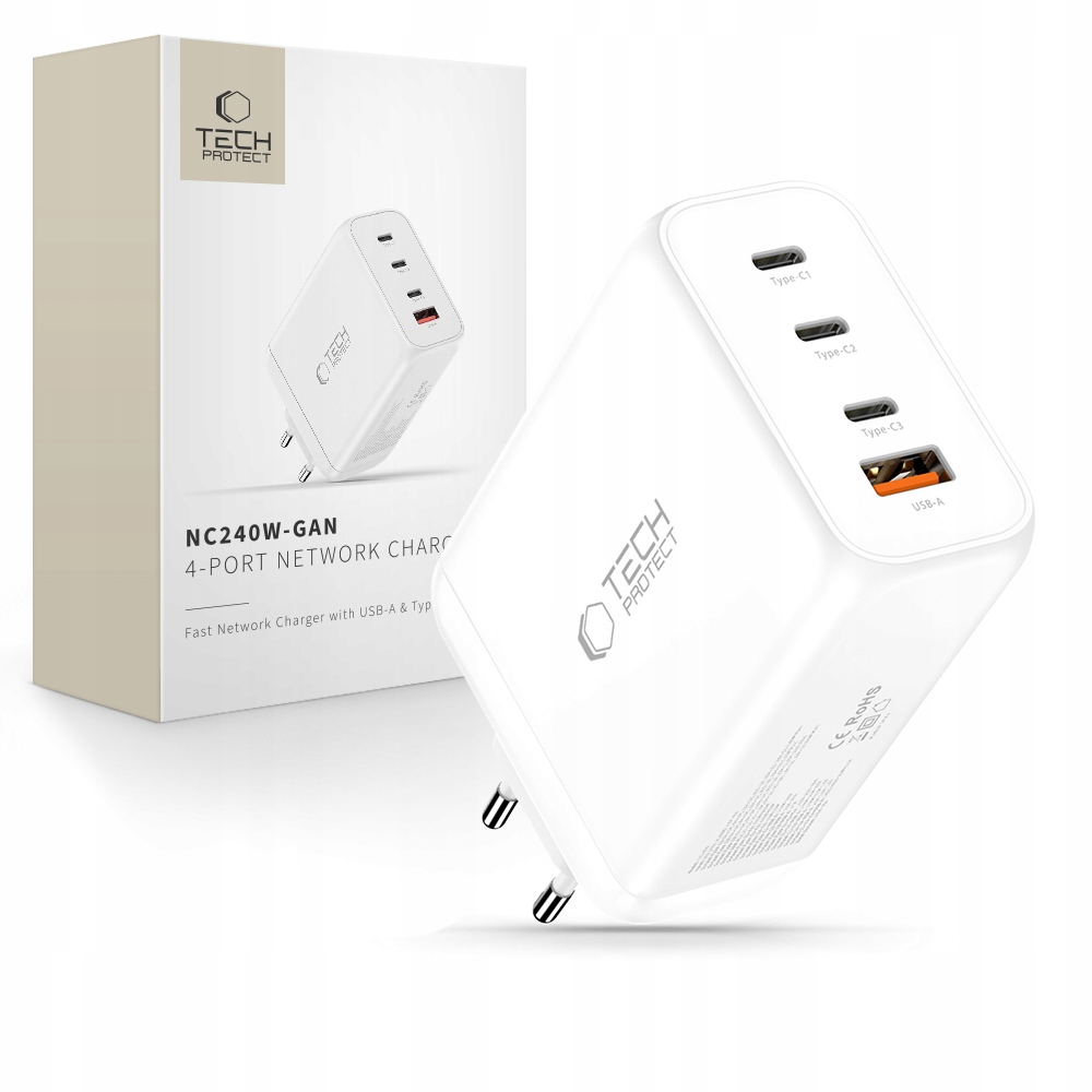 TECH-PROTECT NC240W-GAN 4-PORT NETWORK CHARGER PD 240W / QC3.0 WHITE – Wydajne ładowanie dla wielu urządzeń
