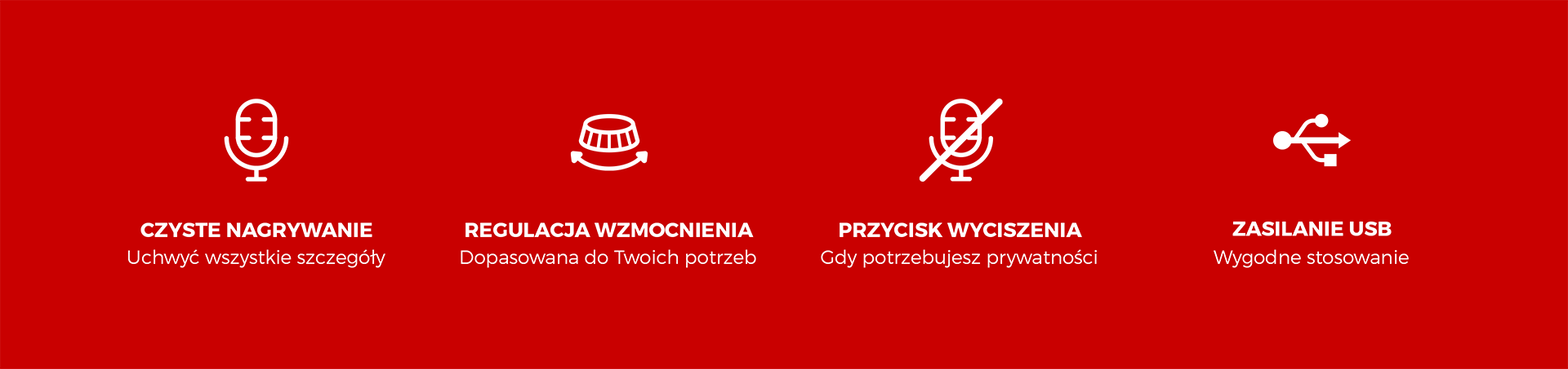 Ikony reprezentujące funkcje mikrofonu Genesis Radium 251 USB: wyraźne nagrywanie, regulowane wzmocnienie, przycisk wyciszenia i zasilanie USB