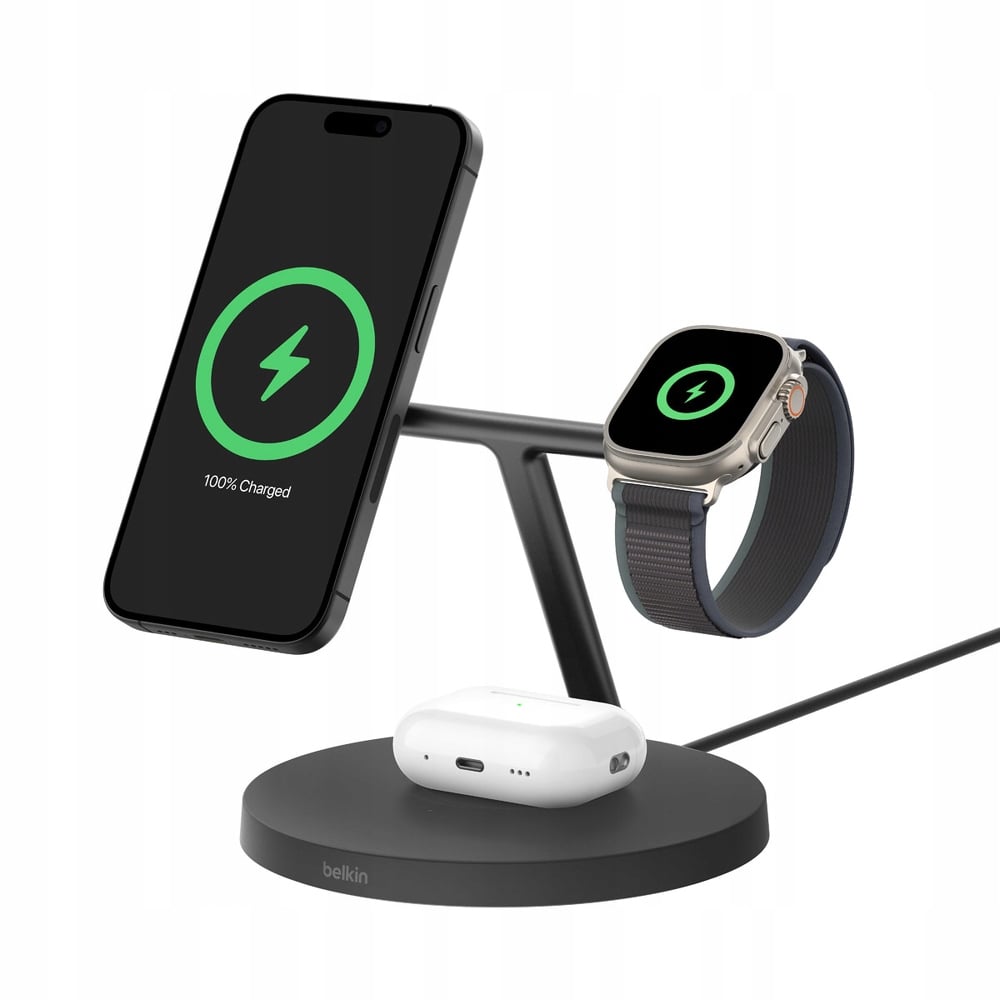 Belkin Stacja do ładowania bezprzewodowego na iPhone, Apple Watch, AirPods – Nowoczesne rozwiązanie 3 w 1