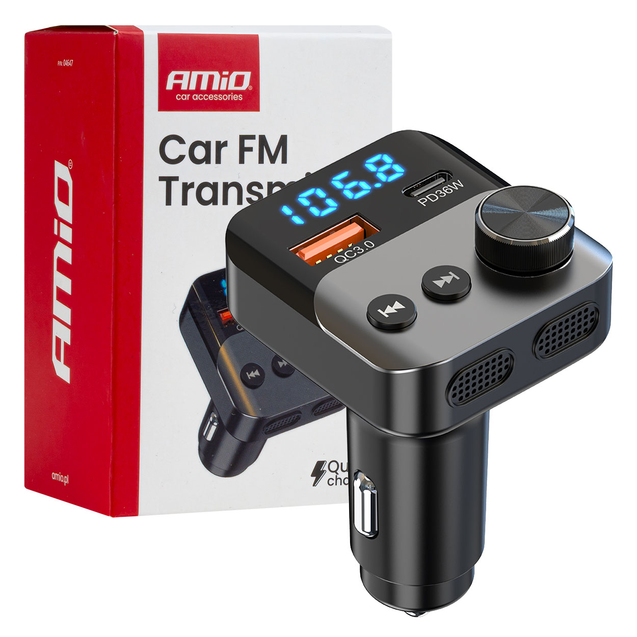 Transmiter samochodowy FM 1×USB-A 1×USB-C 12V 24V AMIO-04647 – Nowoczesne rozwiązanie audio w Twoim samochodzie