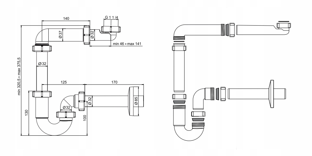 Regulowana wysokość syfonu