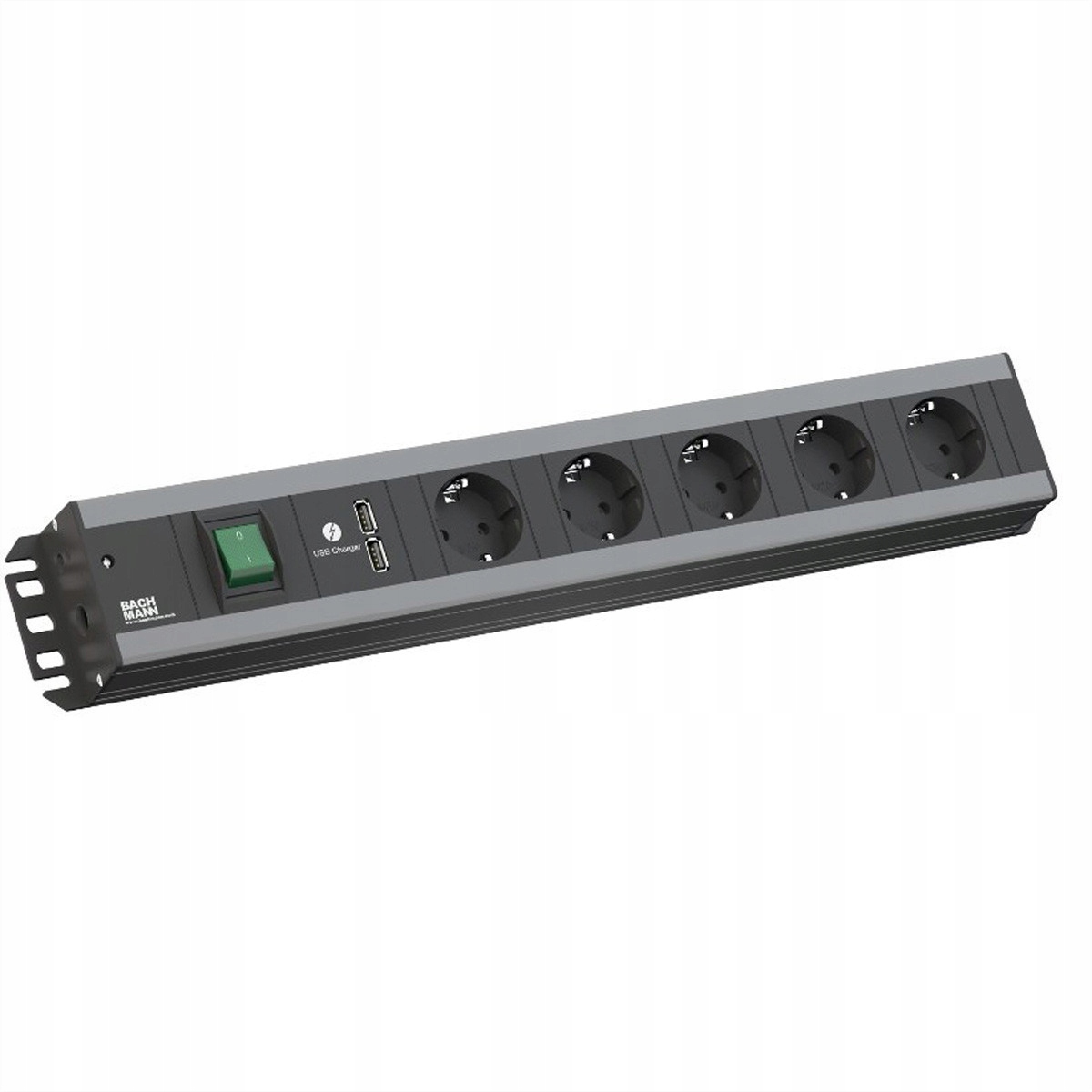 Listwa zasilająca BACHMANN, 5x gniazdo z uziemieniem, z wyłącznikiem, 2x ładowarka USB, odpowiednia do szafy 19, 2 m