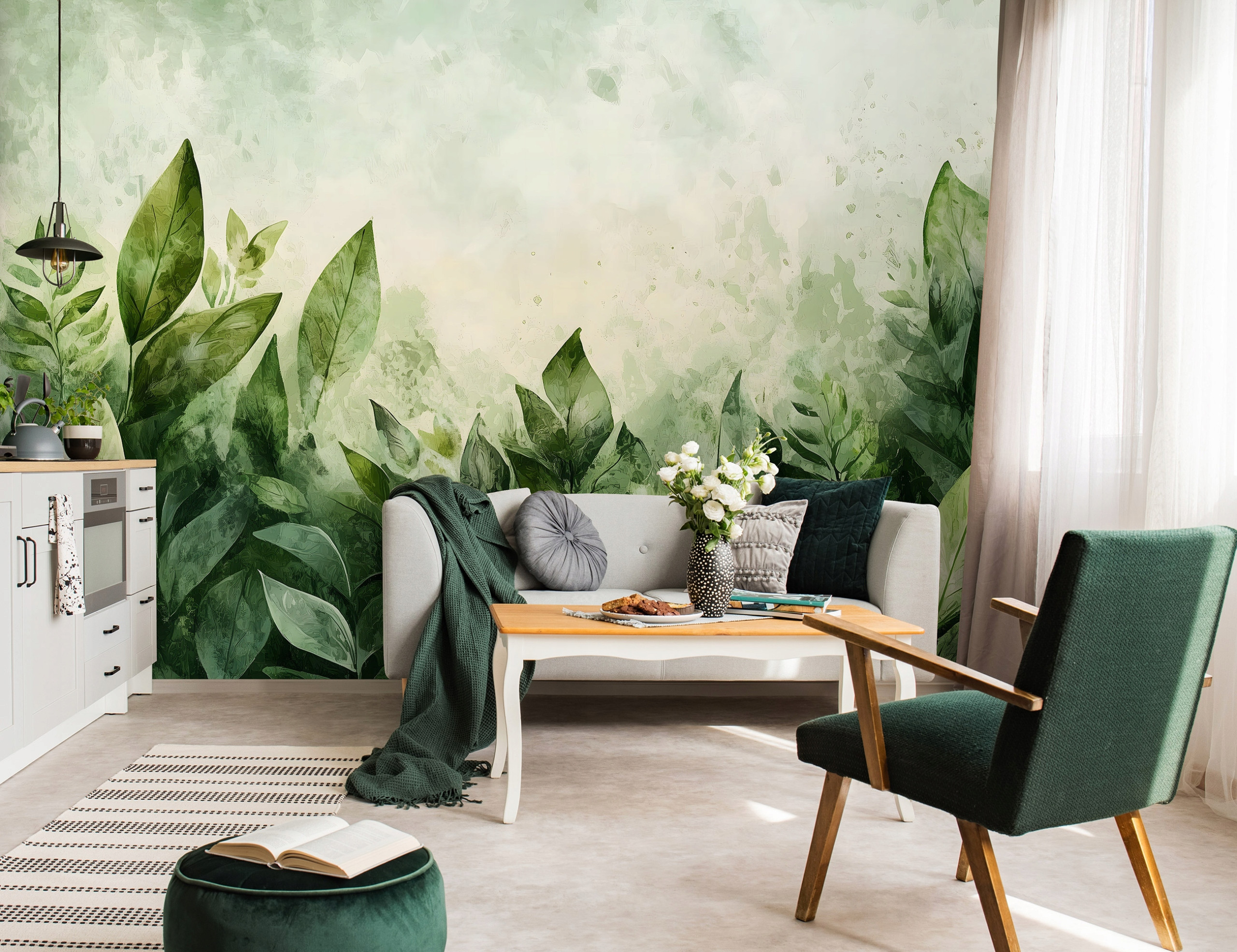 Fototapeta Liście Zielone Natura Beton do Sypialni Salonu Tapeta 350x250 – Nowoczesny design dla Twojego wnętrza