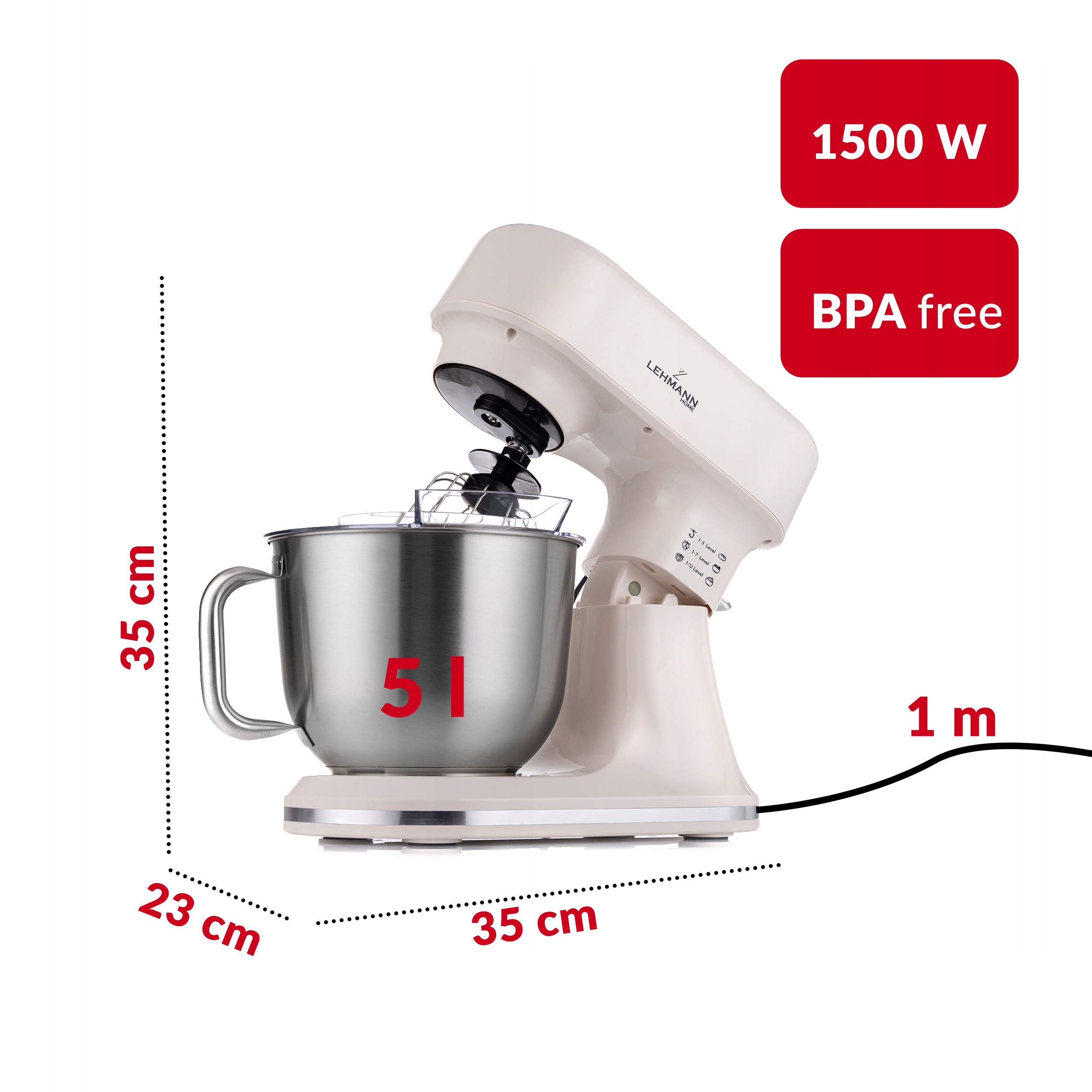 ROBOT PLANETARNY KUCHENNY MIKSER PODGRZEWANA DO 45°C MISA OBROTOWA WAGA LED Cechy dodatkowe Misa wyposażona w uchwyt Biegi/programy 12+4 Regulacja prędkości BPA FREE Wyświetlacz kolorowy Timer Regulacja temperatury do 45°C, Funkcja fermentacji