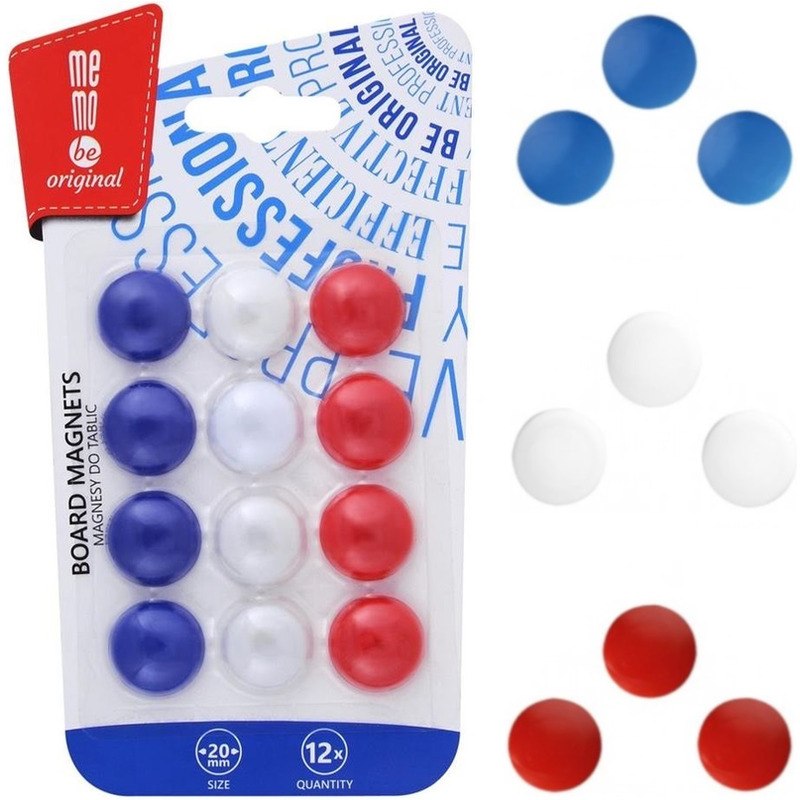 Okrągłe magnesy w trzech kolorach – niebieski, biały, czerwony