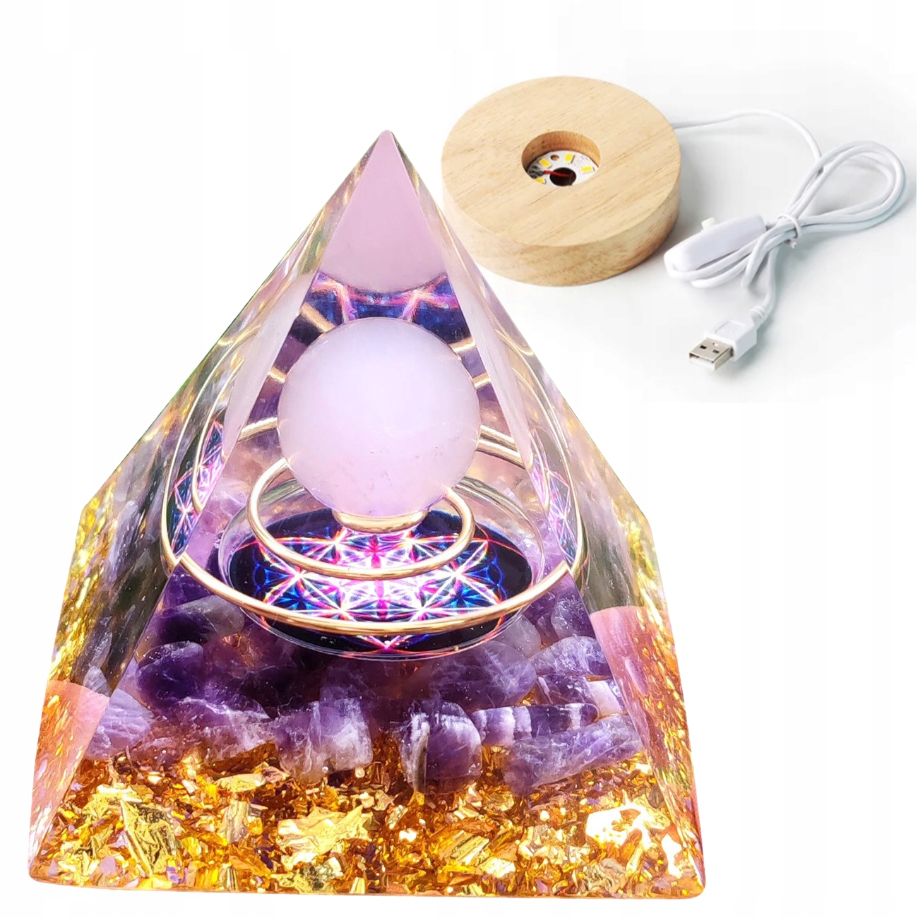 Piramida ORGONIT + LED Lampka PODSTAWA 5cm KRYSZTAŁ KAMIENIE AMULET 5cm HX08 – Magia i pozytywna energia w Twoim wnętrzu